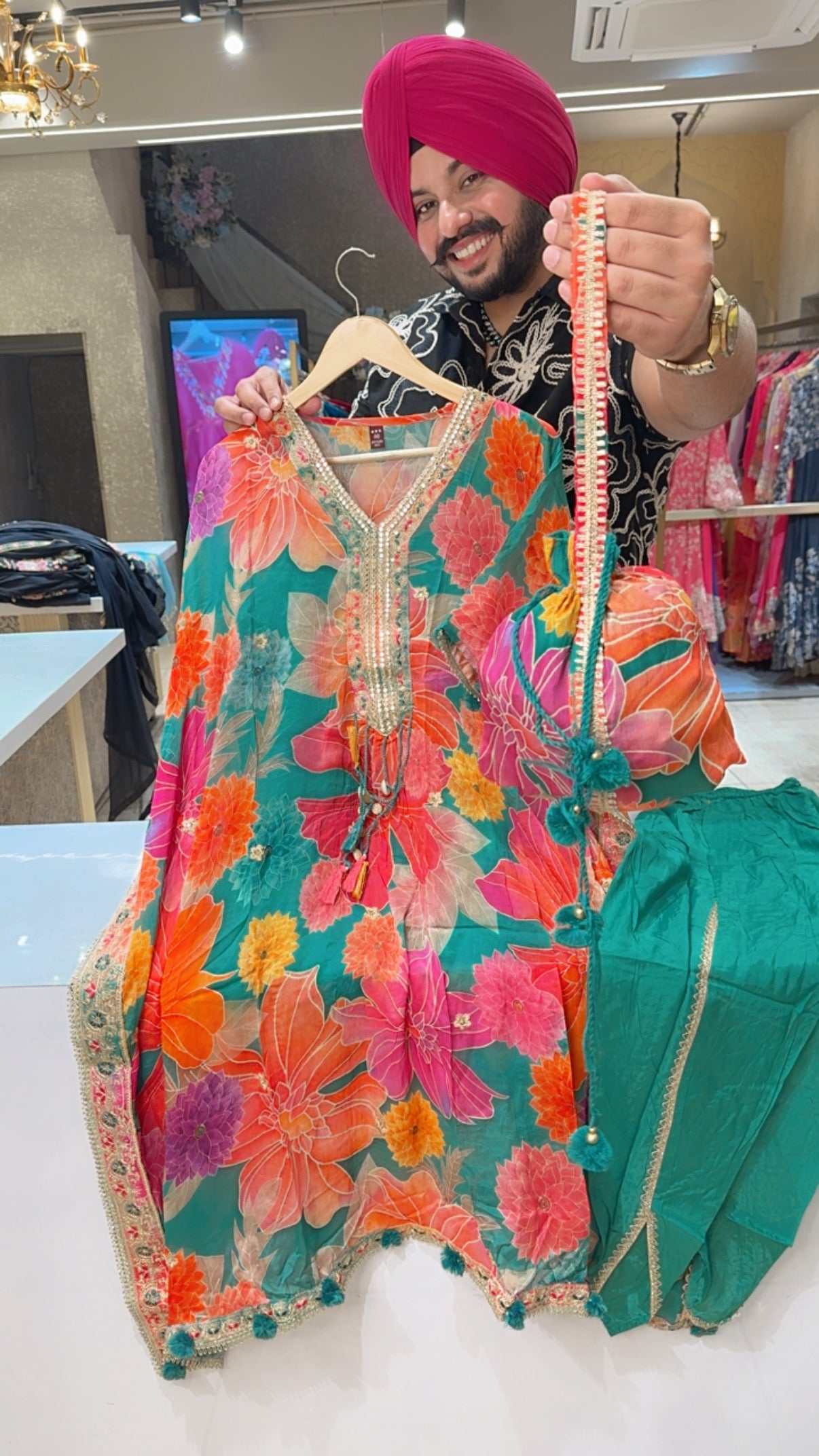 Green & MultiColored Chinon embroidered Kaftan Tulip Coord set with Cute Potli