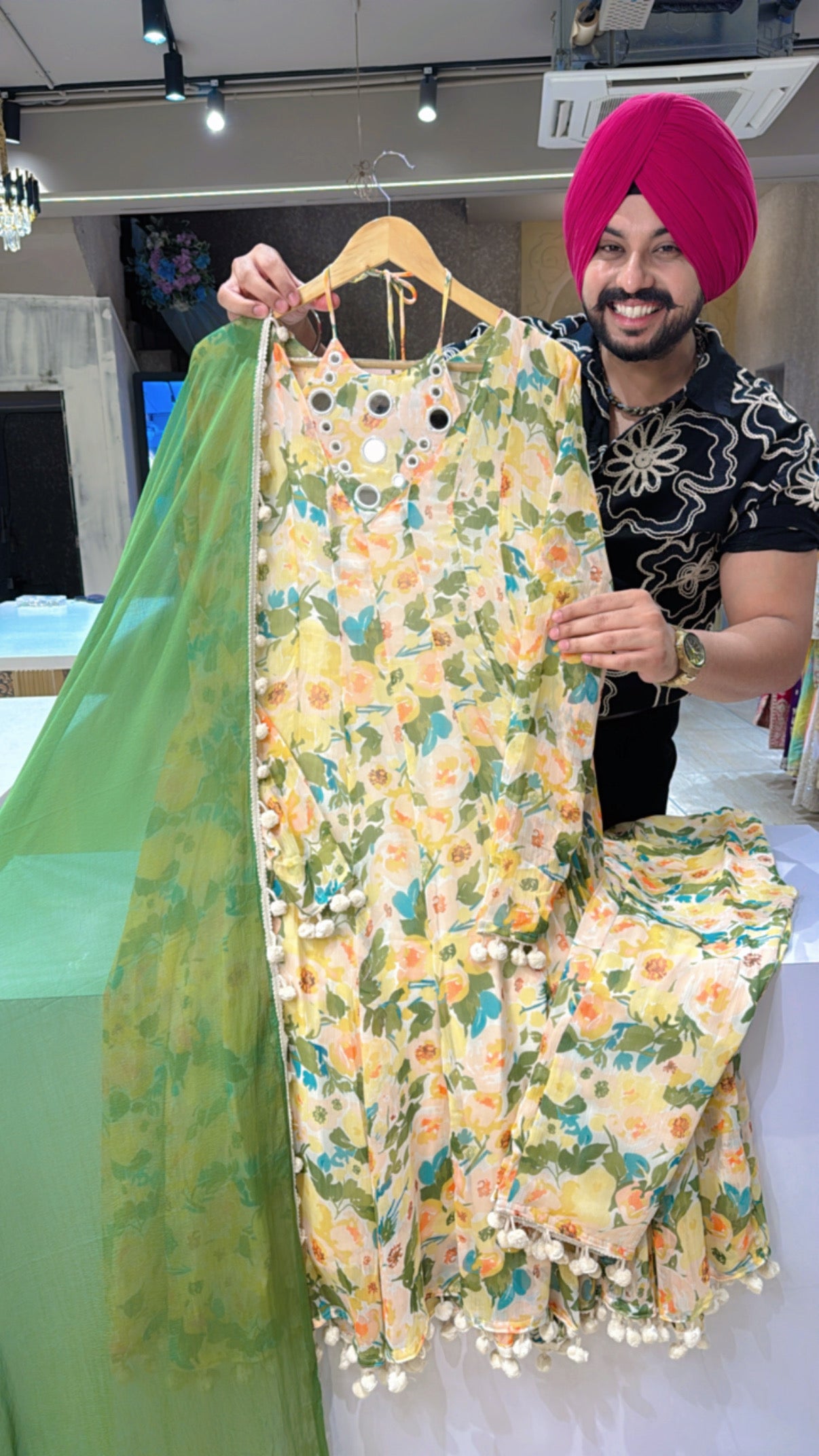 Green & Multicolored Georgette Designer Mirror Neck Pom-Pom Anarkali suit with Chiffon Duppata