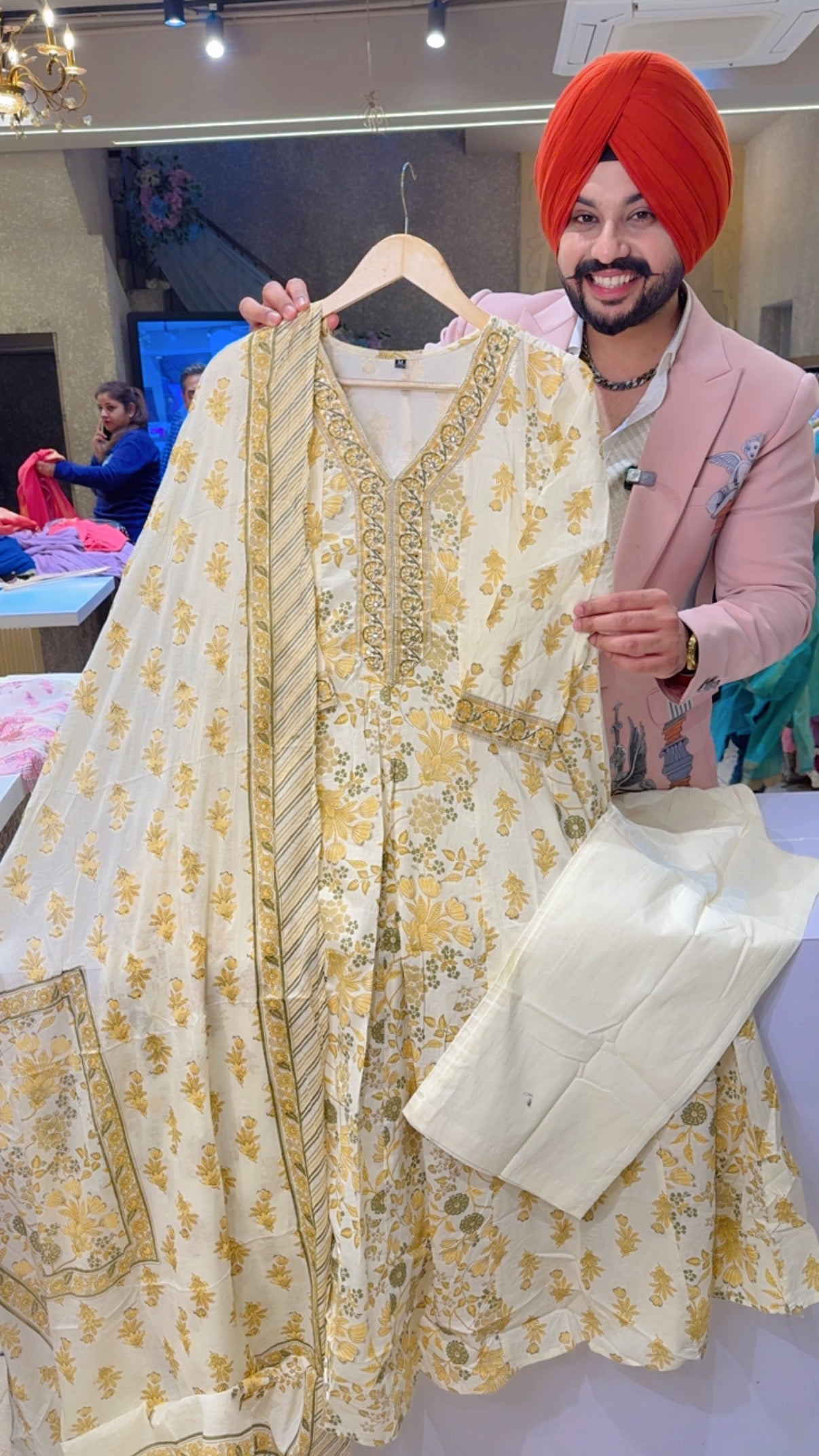 Cream & Lemon  Pure Cotton Floral Print Office Wear Anarkali Suit with Hand embroidery Work on Neck