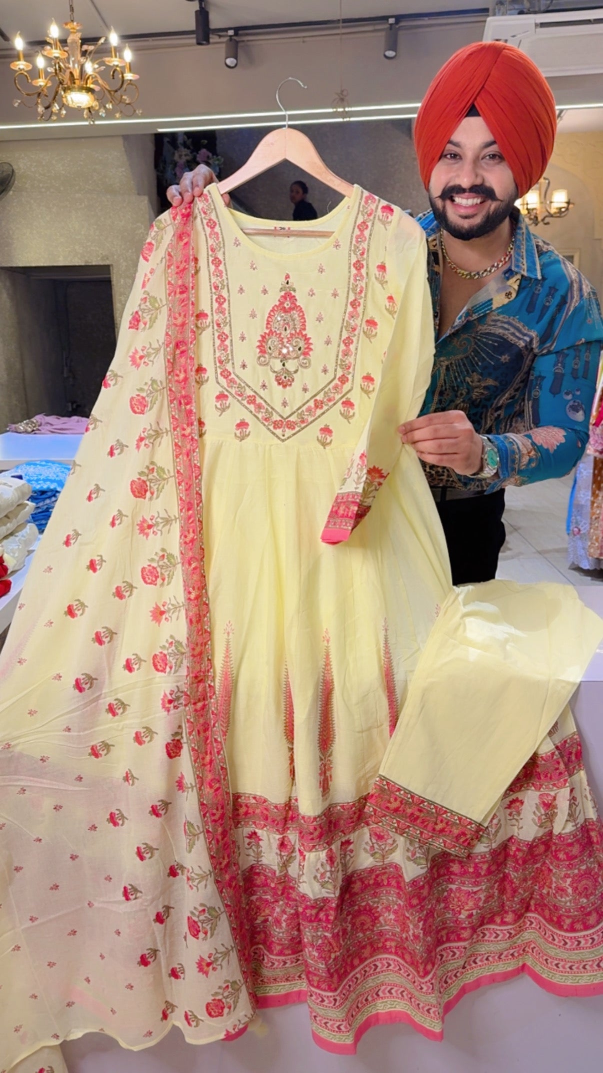 Lemon Yellow Mal Cotton Block Printed Girlish Full Flair Anarkali Suit with Hand embroidery Work on neck