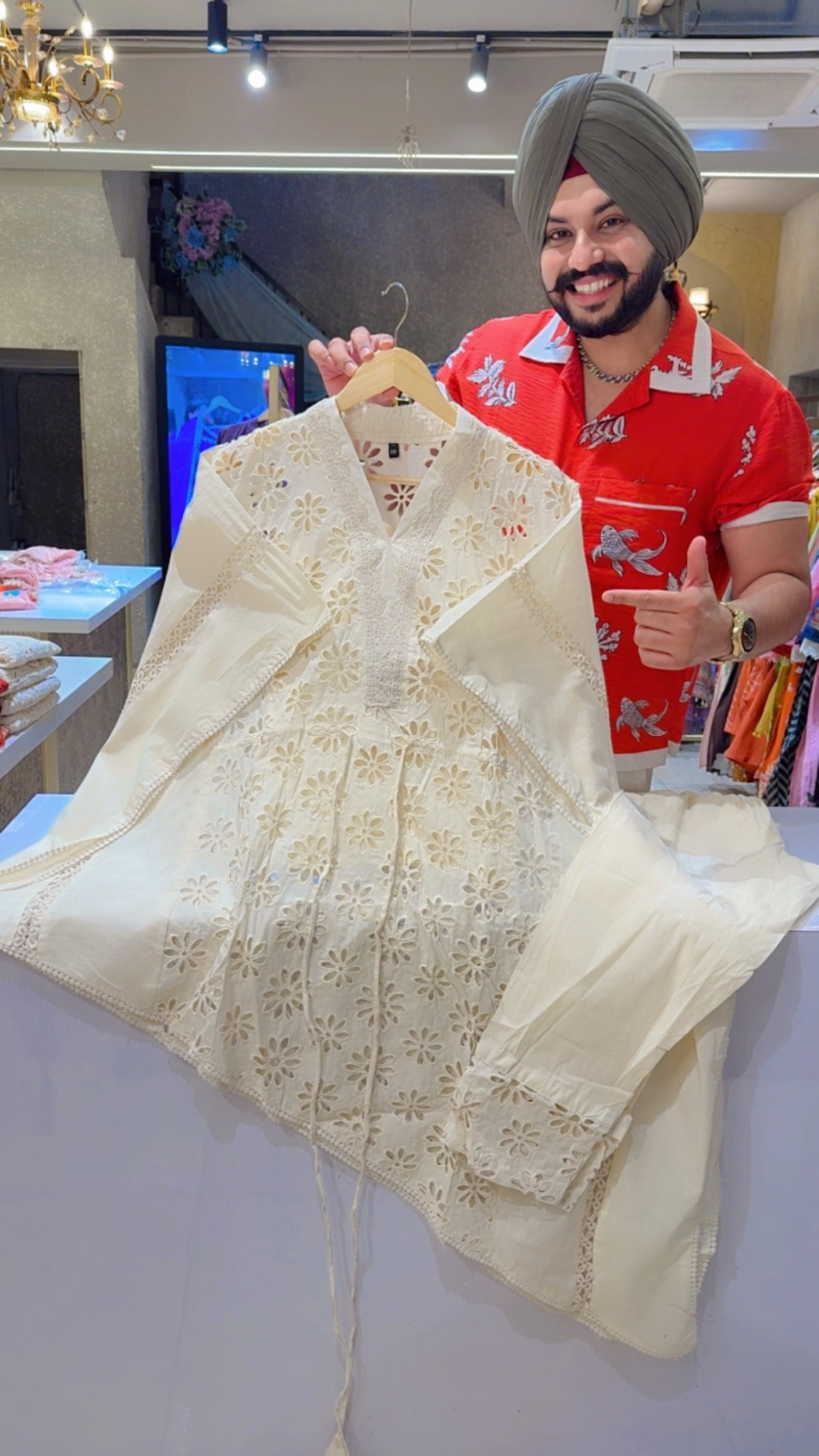 Off White Kora Cotton Crochet & Cut Work Side Tail Cut Kaftan Coord set