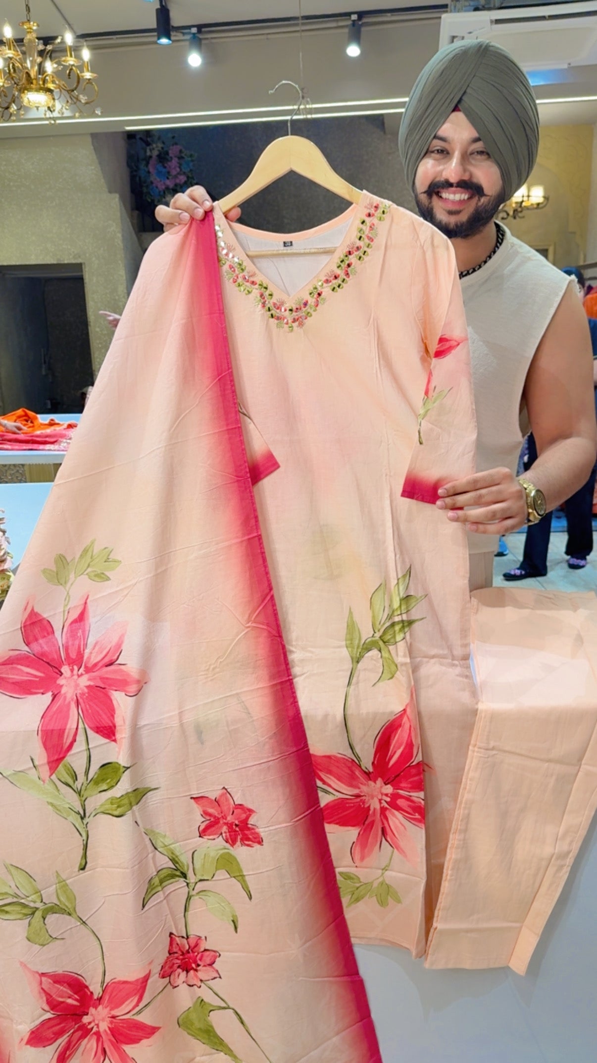 Peachish Pink Soft Cotton Floral Print  office Wear suit with sleek embroidery Work on neck