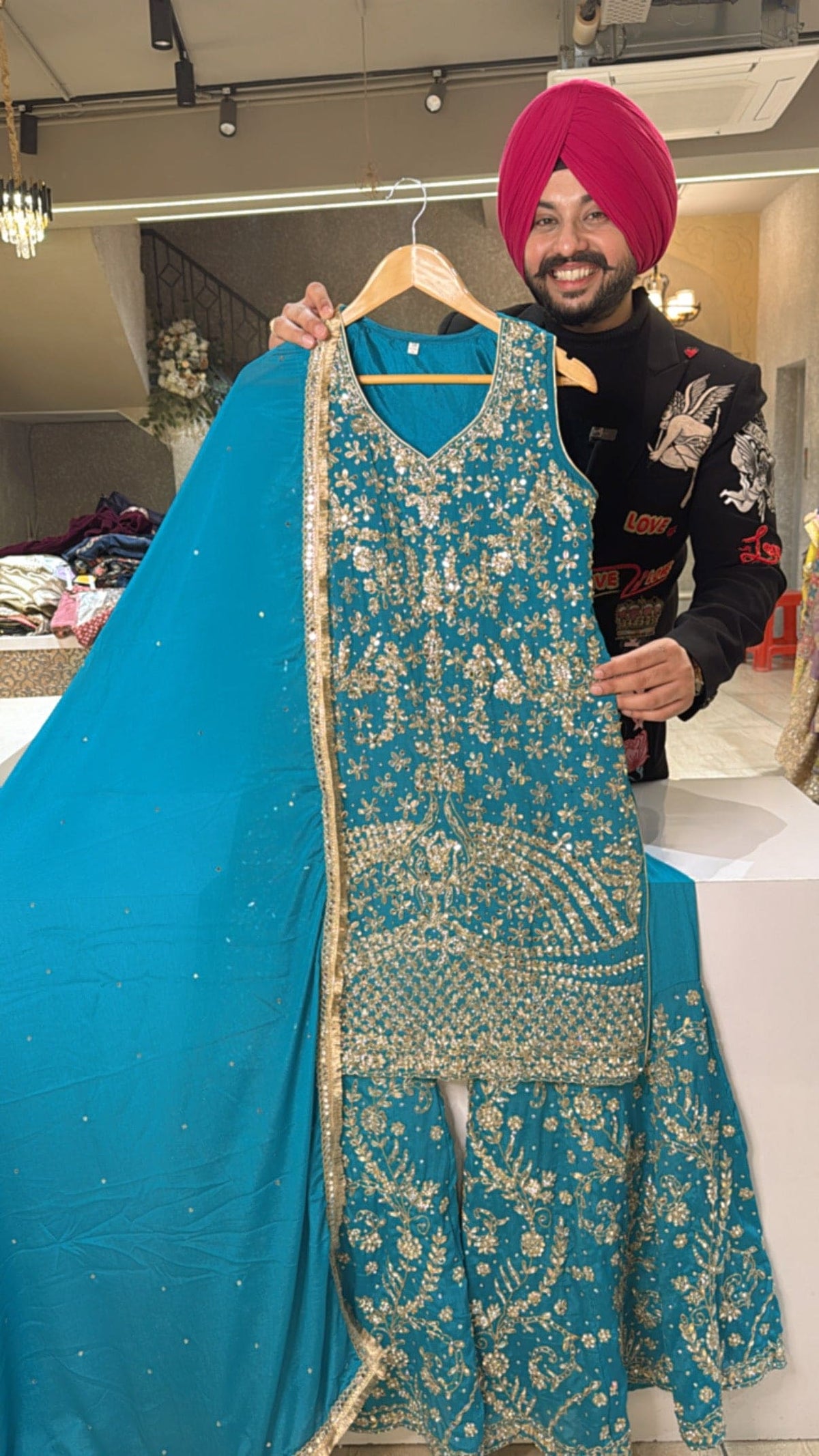 Teel Premium Crepe Heavy hand Embroidered & Shell Hangings Full Flair Anarkali Gown with Kiran Lace Organza Duppata