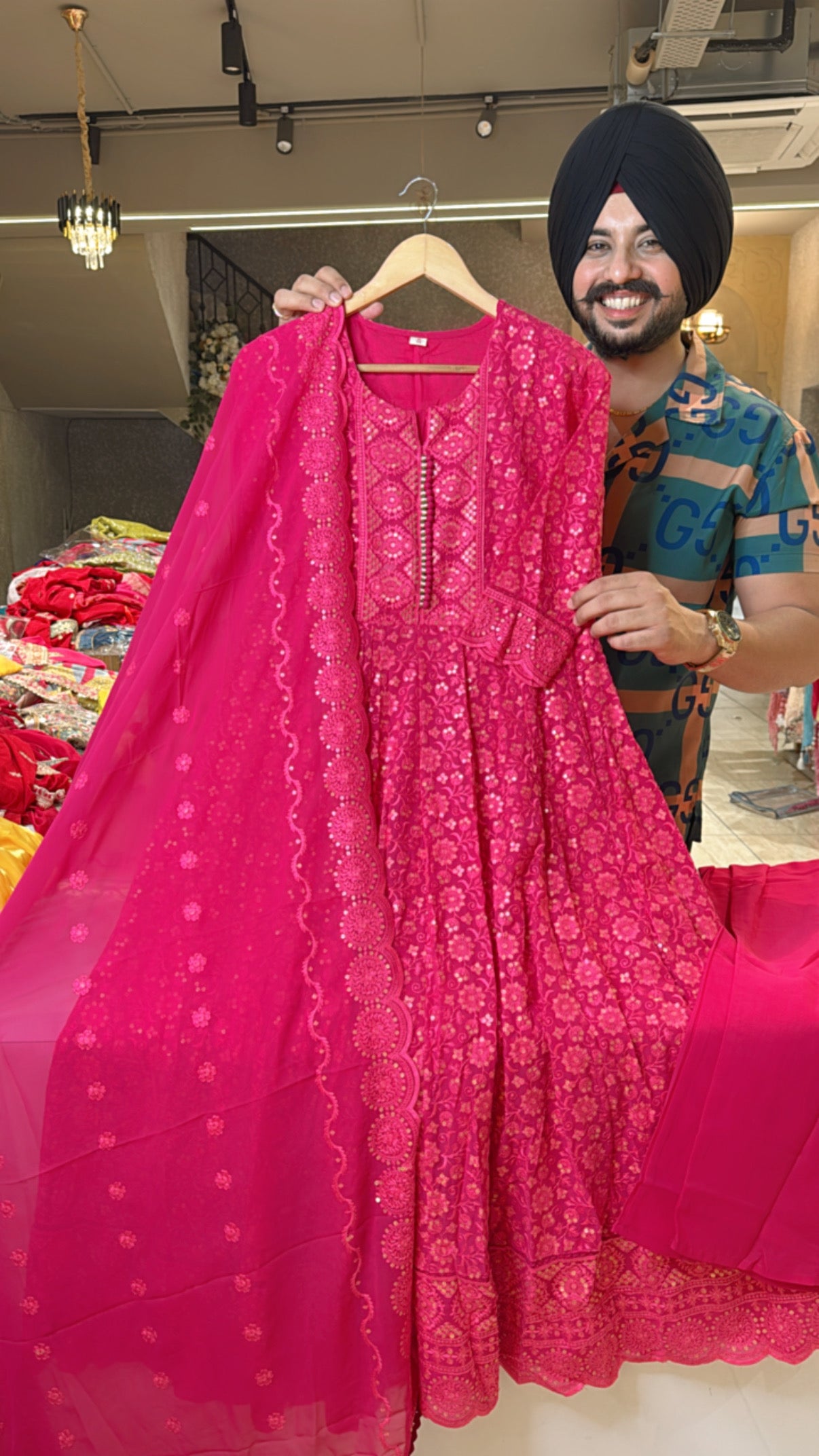 Hot Pink Georgette Fully embroidered Anarkali suit with Embroidered Duppata