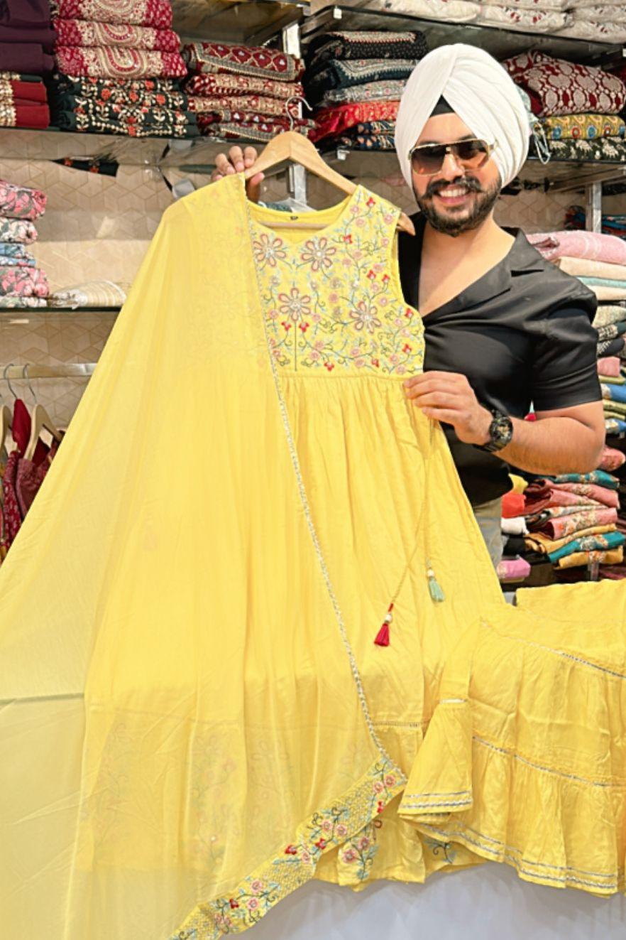 Yellow Muslin Nyra-cut Kurti with Sharara and Duppata - Welcome to Label Amrita - Premium Indian Traditional Wear