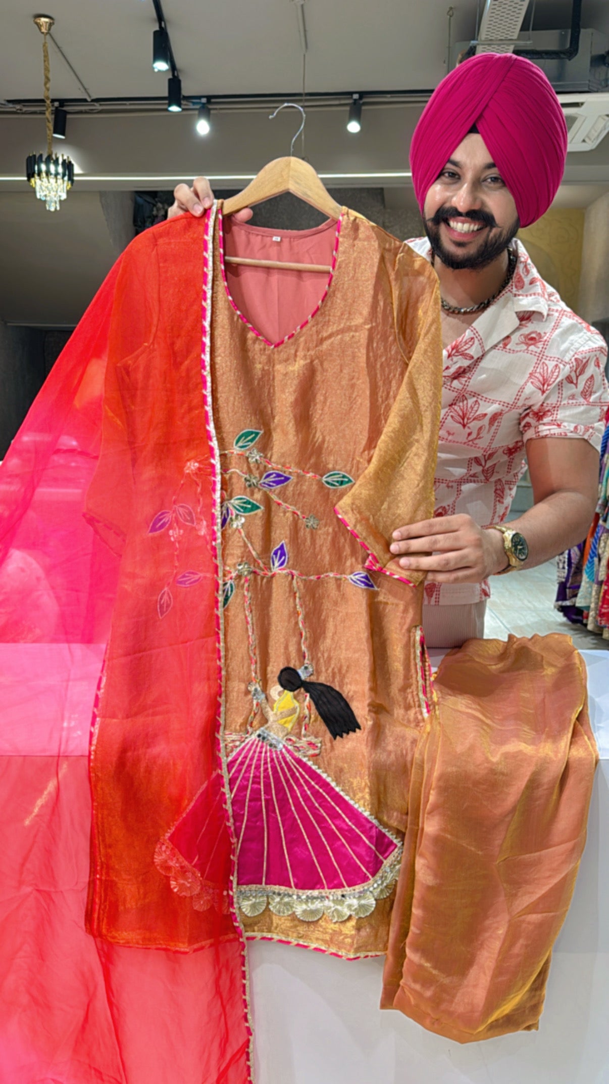 Copper Colour Tissue Doll Hand embroidered Straight Suit with Beautiful Organza Duppata