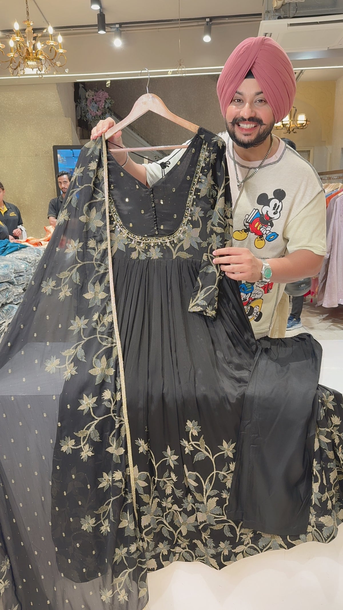 Black Chinon Block Printed Party Wear Anarkali Suit with Hand embroidery work on Neck