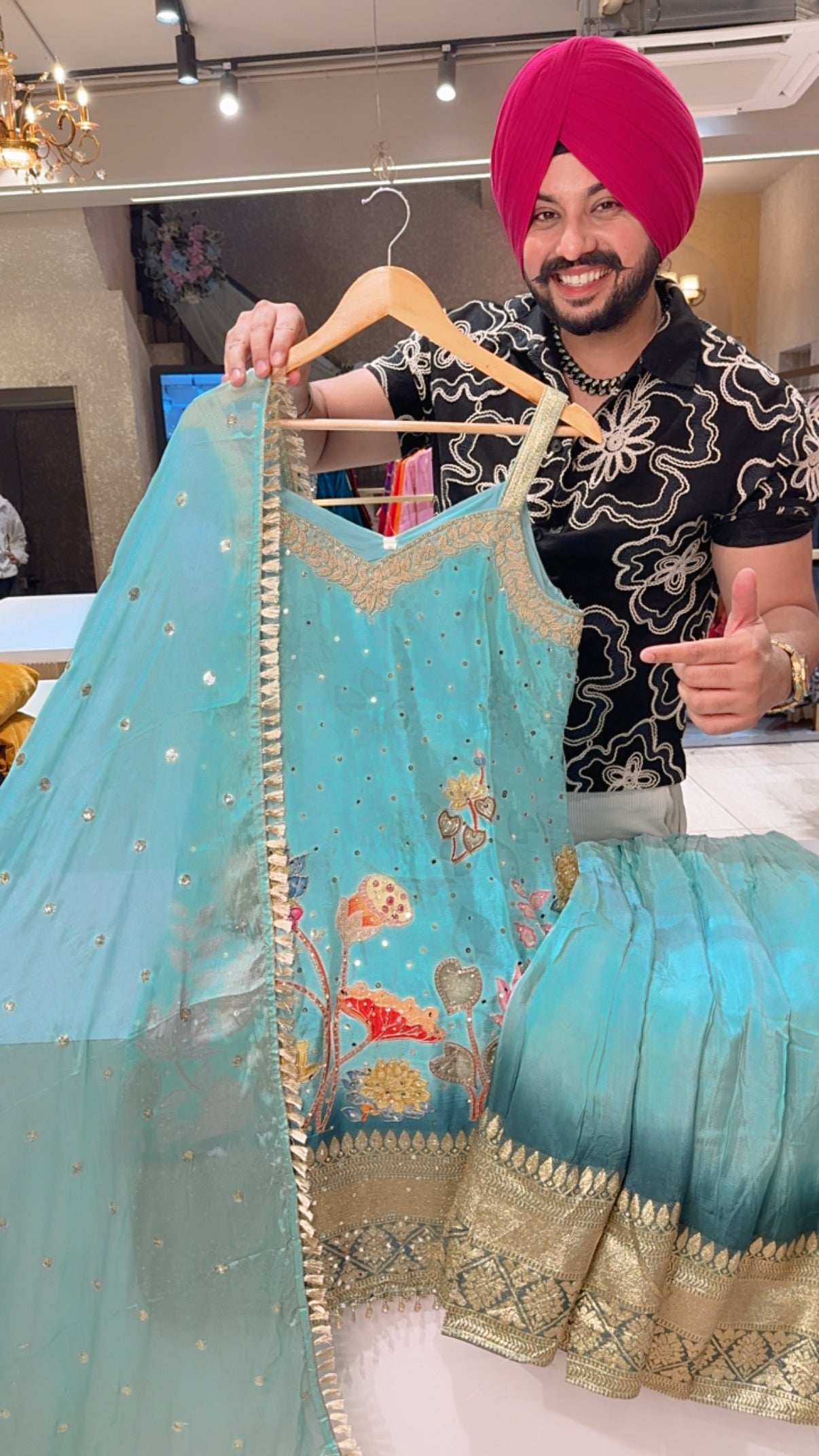 Sea Blue Soft Silk Heavy Hand embroidered & Sequins Work Strap Sleeves Sharara suit with Heavy Chinon Duppata