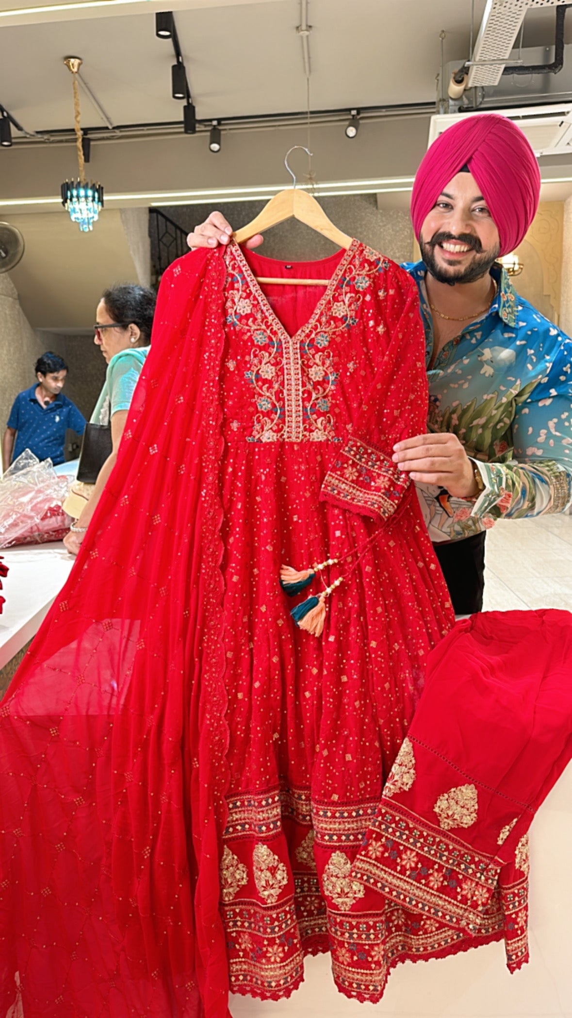 Vibrant Red Georgette Fully embroidered Anarkali Suut with embroidered pants & Duppata