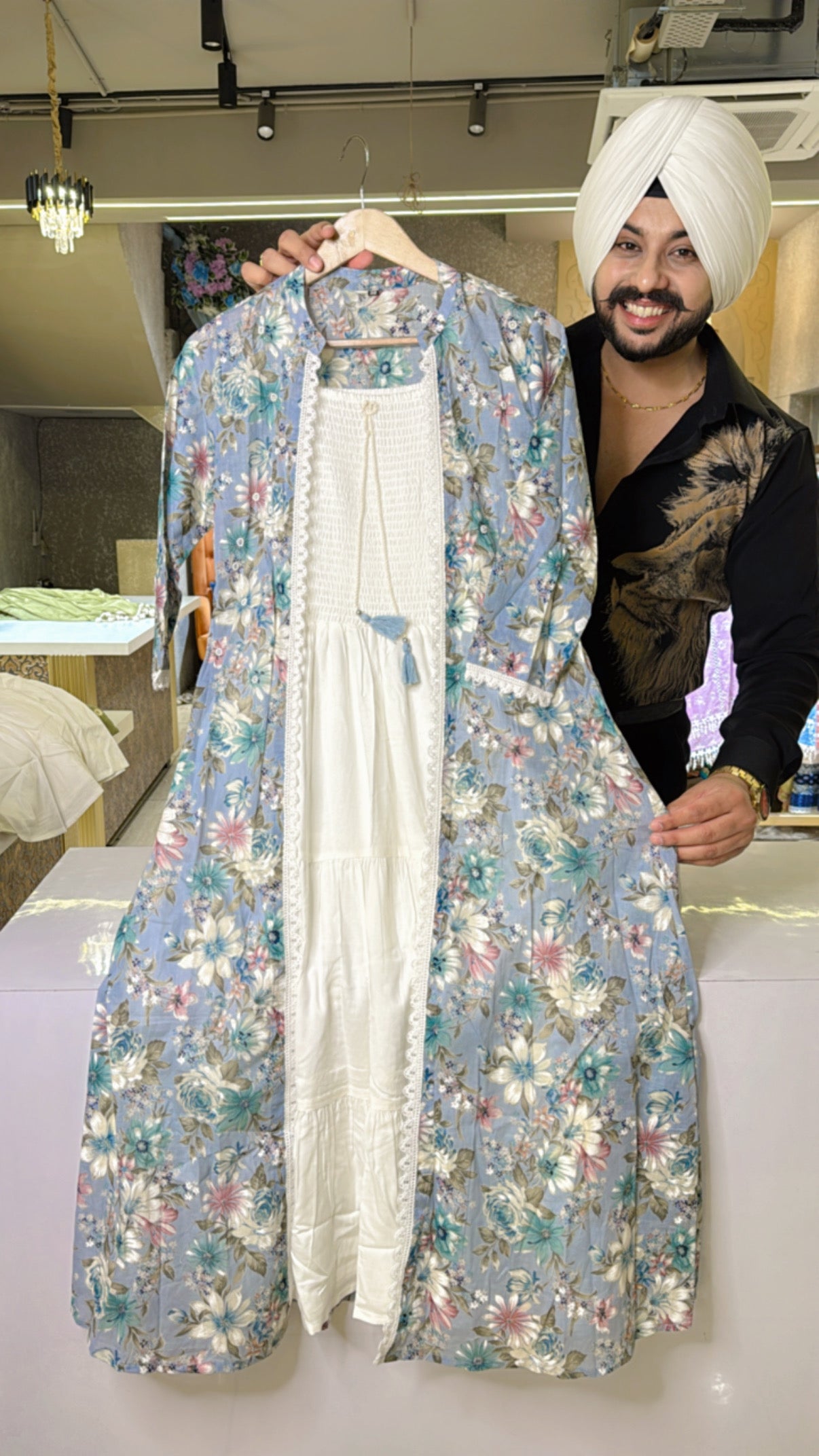 Off White Cotton Indowestern dress featuring Light Blue Floral Print and a Stylish Shrug