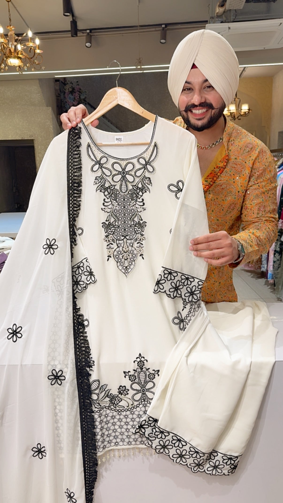 Moon White Georgette Embroidered Kashmiri Suit with Pearl Work On Neck & Kiran Lace Duppata