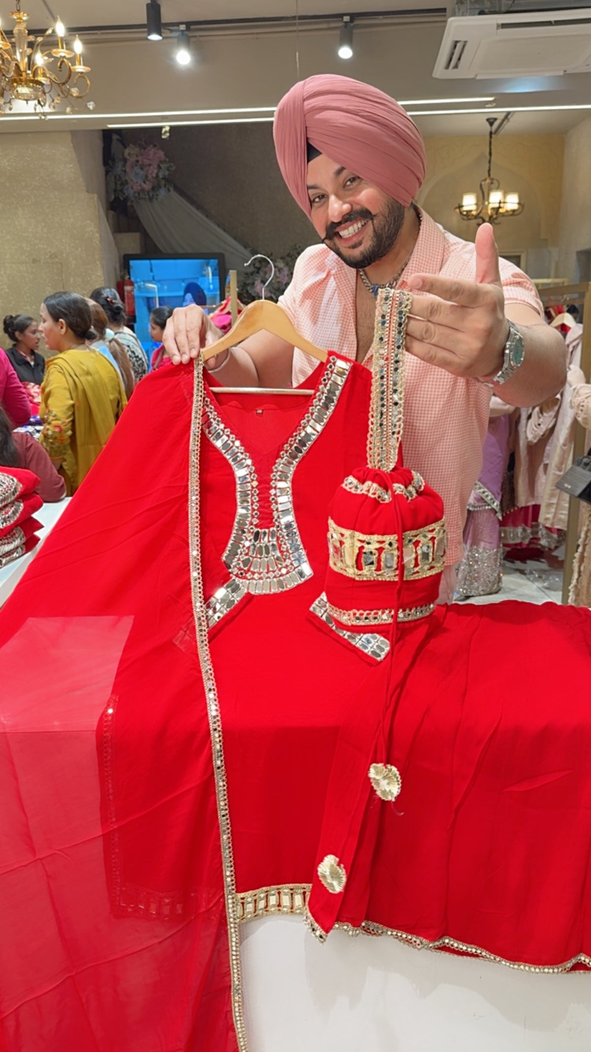 Red Georgette Heavy Mirror Work Party Wear Sharara Suit with Beautiful Potli