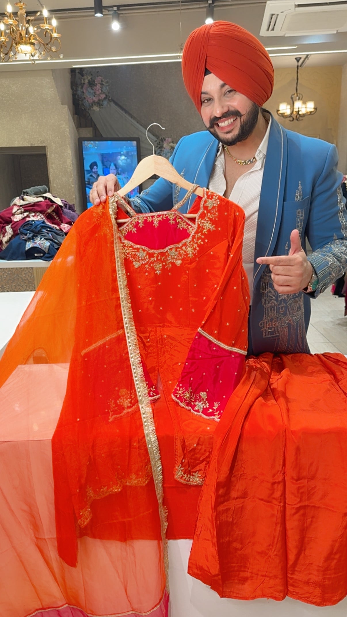 Orange Pure Crepe Designer Neck Front Slit Hand embroidered Sharara Set with Beautiful Organza Duppata