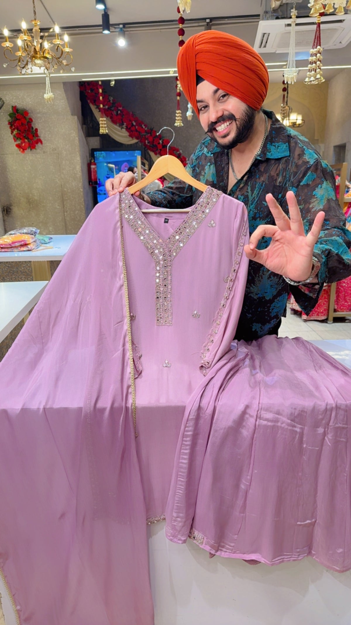 Lilac Chinon Mirror & Hand embroidered Girish Sharara Suit