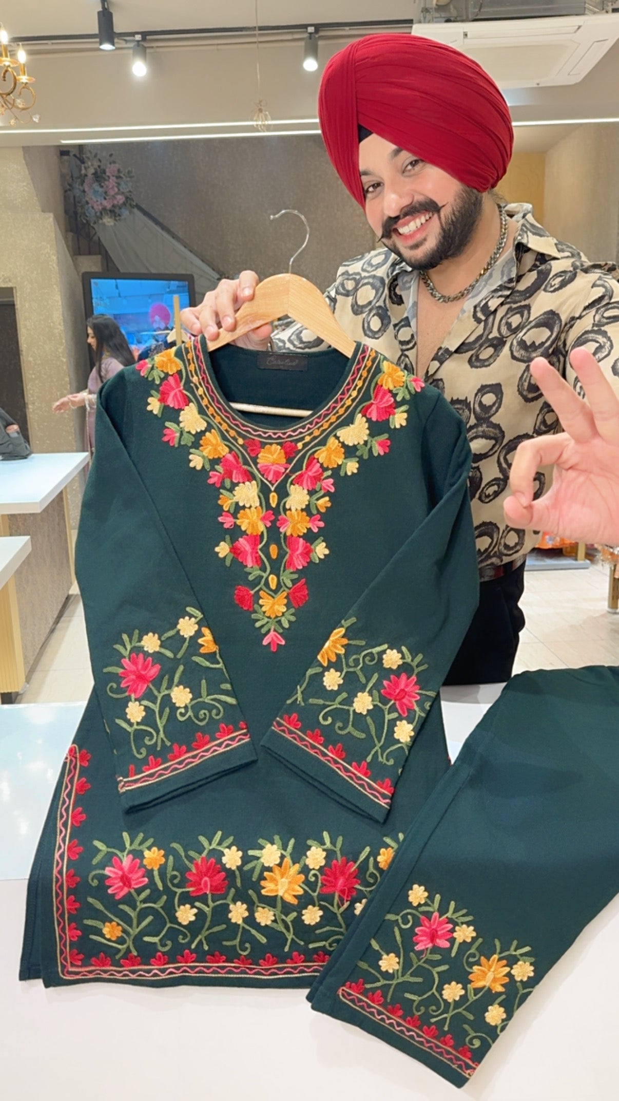 Dark Green Woolen Heavy Kashmiri Embroidered Coord set