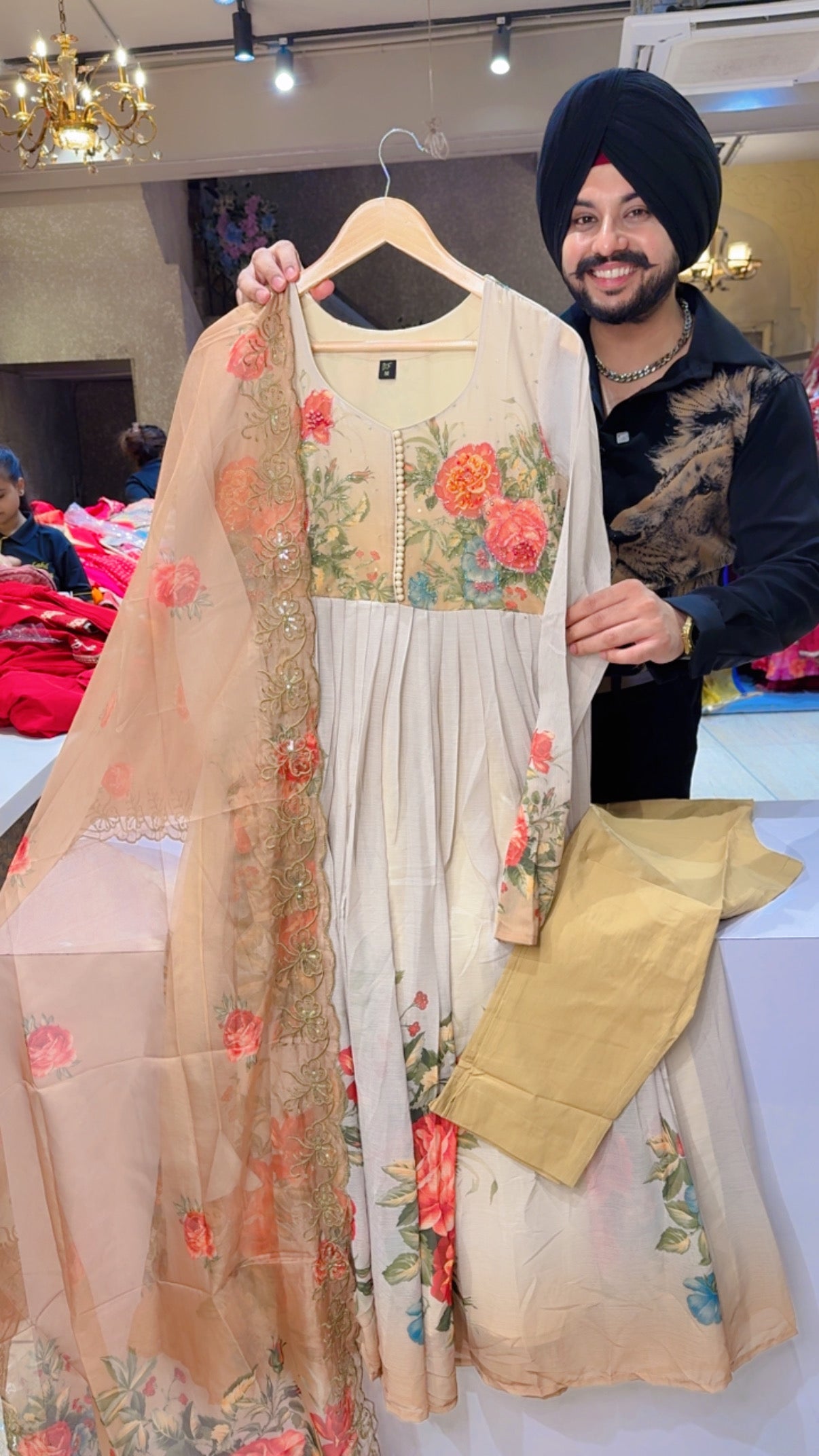 Nude Beidge Chiffon Floral Print Anarkali Suit with Beautiful Hand embroidery Work on Neck
