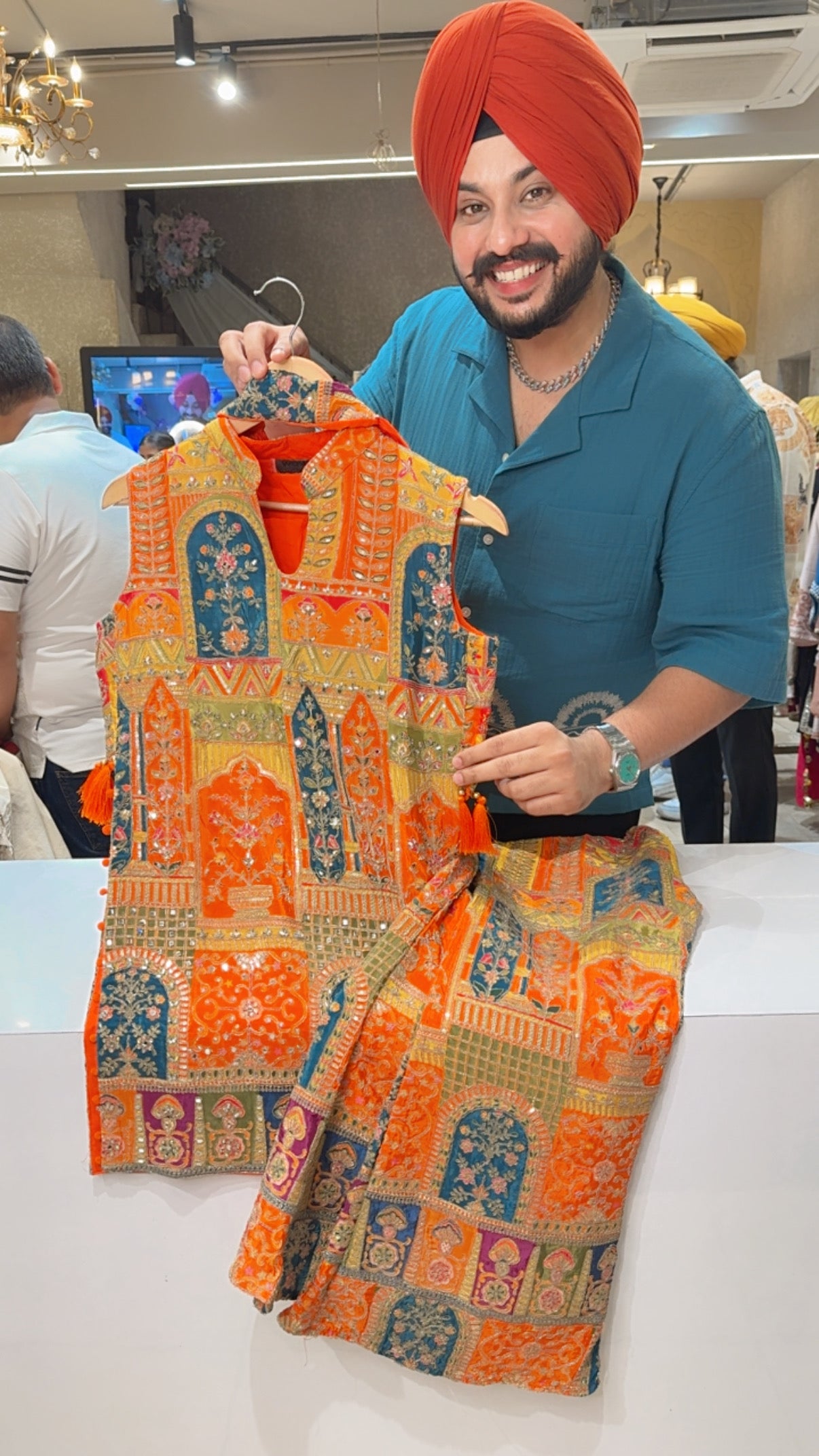 Orange Fully Front & Back Embroidered Broad High Slit Party Wear Bell Bottom Indo western Suit with Chokar Duppata