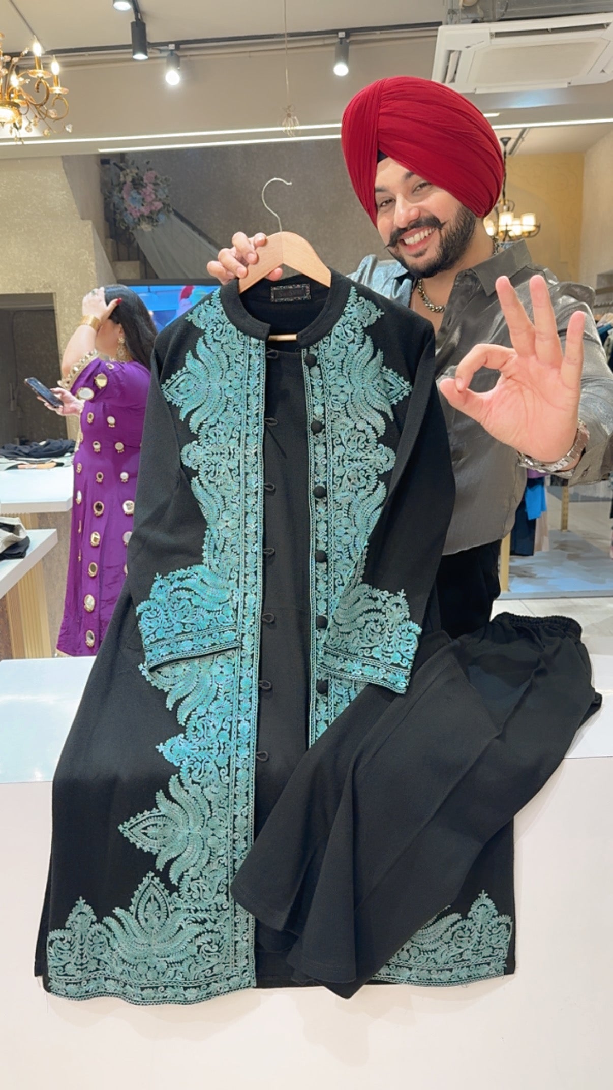 Black & Light Sea Green Soft Woolen Long Length Coord set with Heavy Kashmiri Embroidery work on Shrug