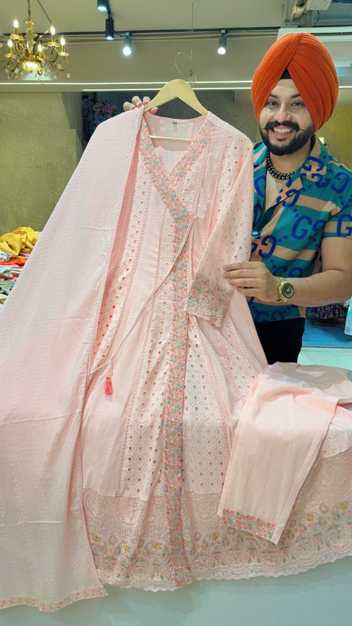 Peachish pink Cotton Embroidered & Heavy Shifli Work Angrakha Side Slit Anarkali Suit