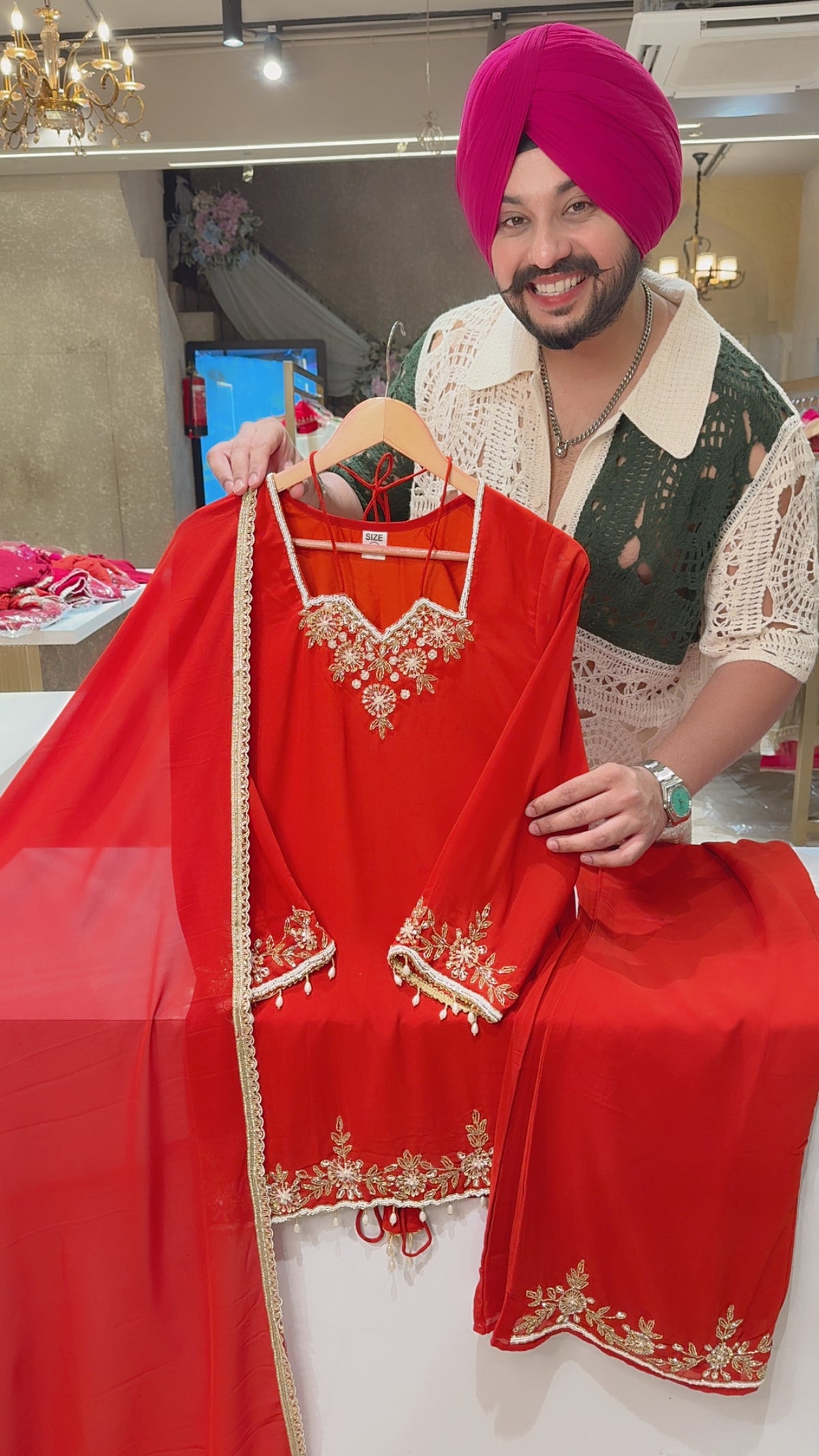 Orange Georgette Hand embroidered Designer Neck Indowestern Suit