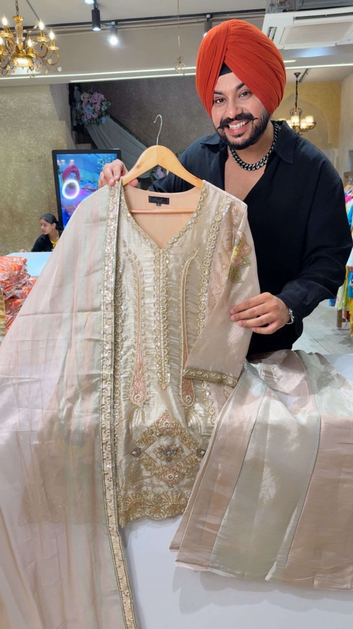 Nude Pink Shimmer Silk Fully Hand embroidery & Pearl Work Party Wear Paplum Sharara suit