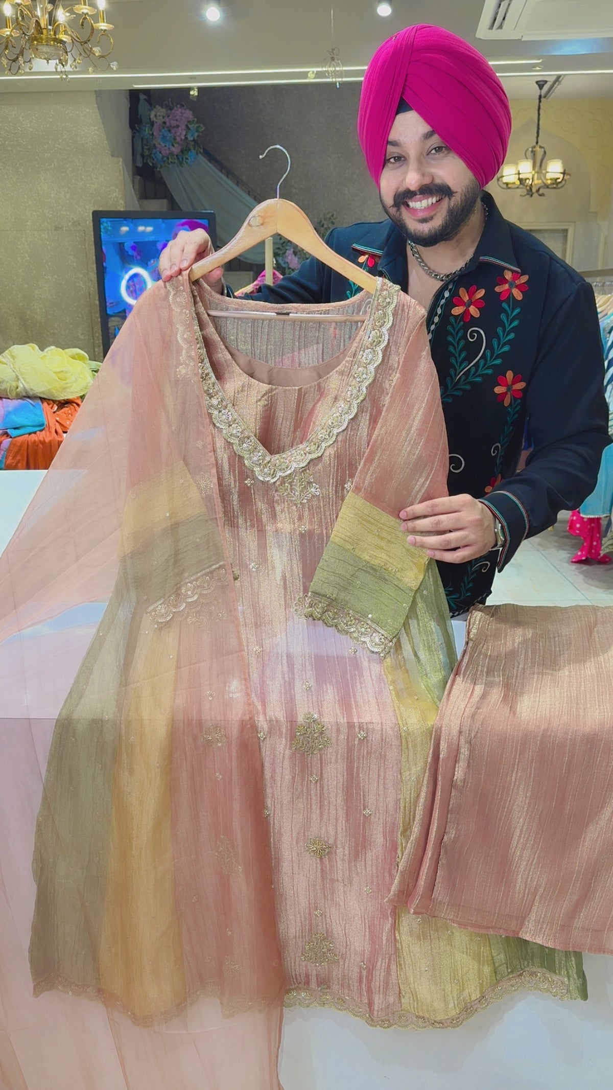 Onion Pink Salsa Fabric Hand embroidered translucent Anarkali suit with Bustier