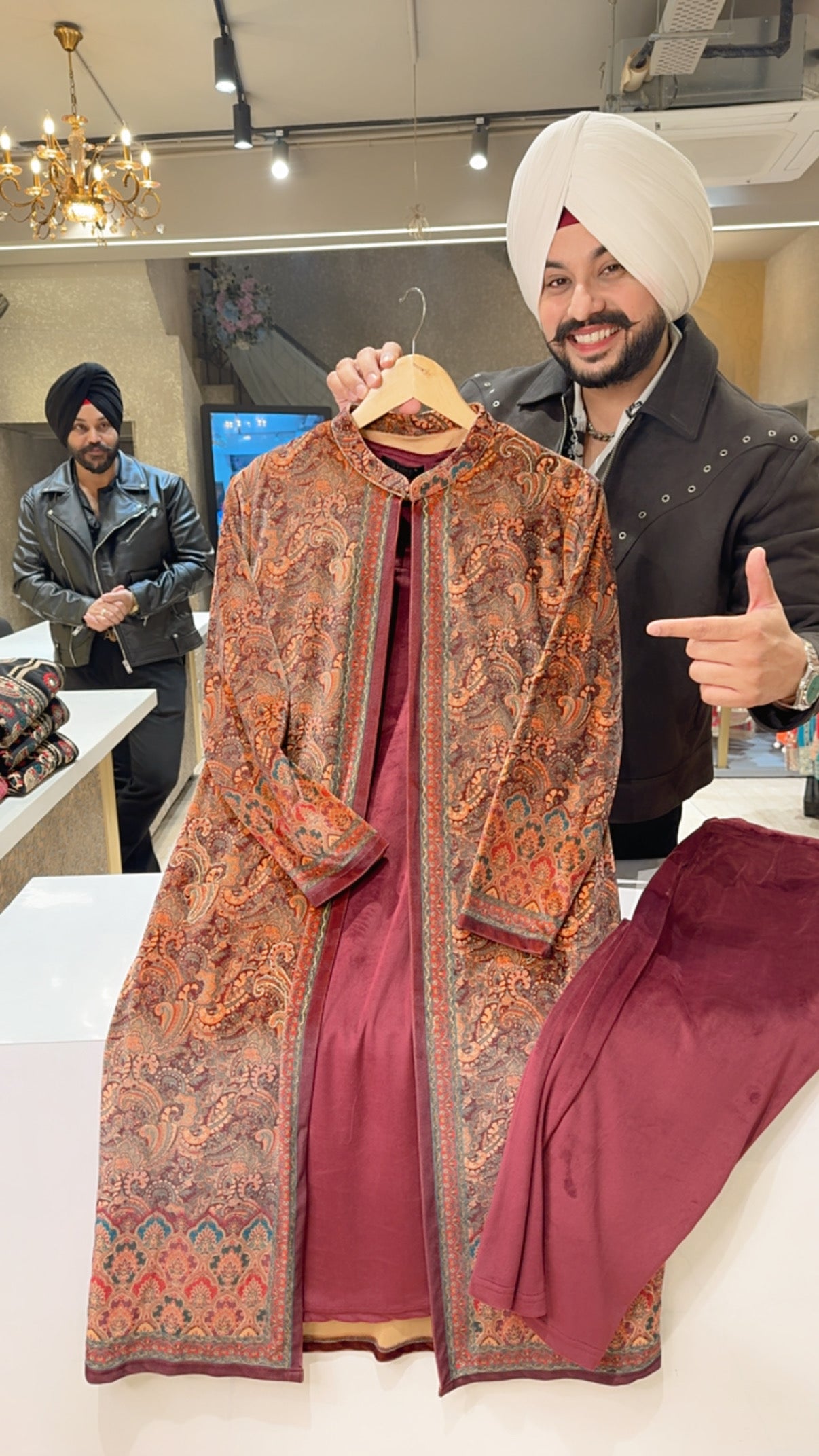 Maroon Stretchable Velvet long Length Coord set with Stylish Velvet Shrug