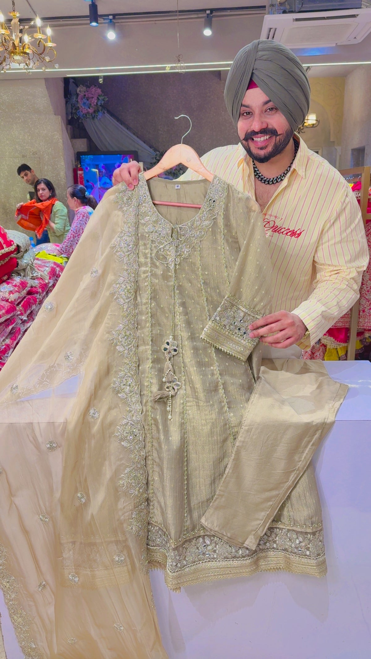 Goldenish Beige Salsa Fabric Heavy Embroidered Party Wear Anarkali Suit