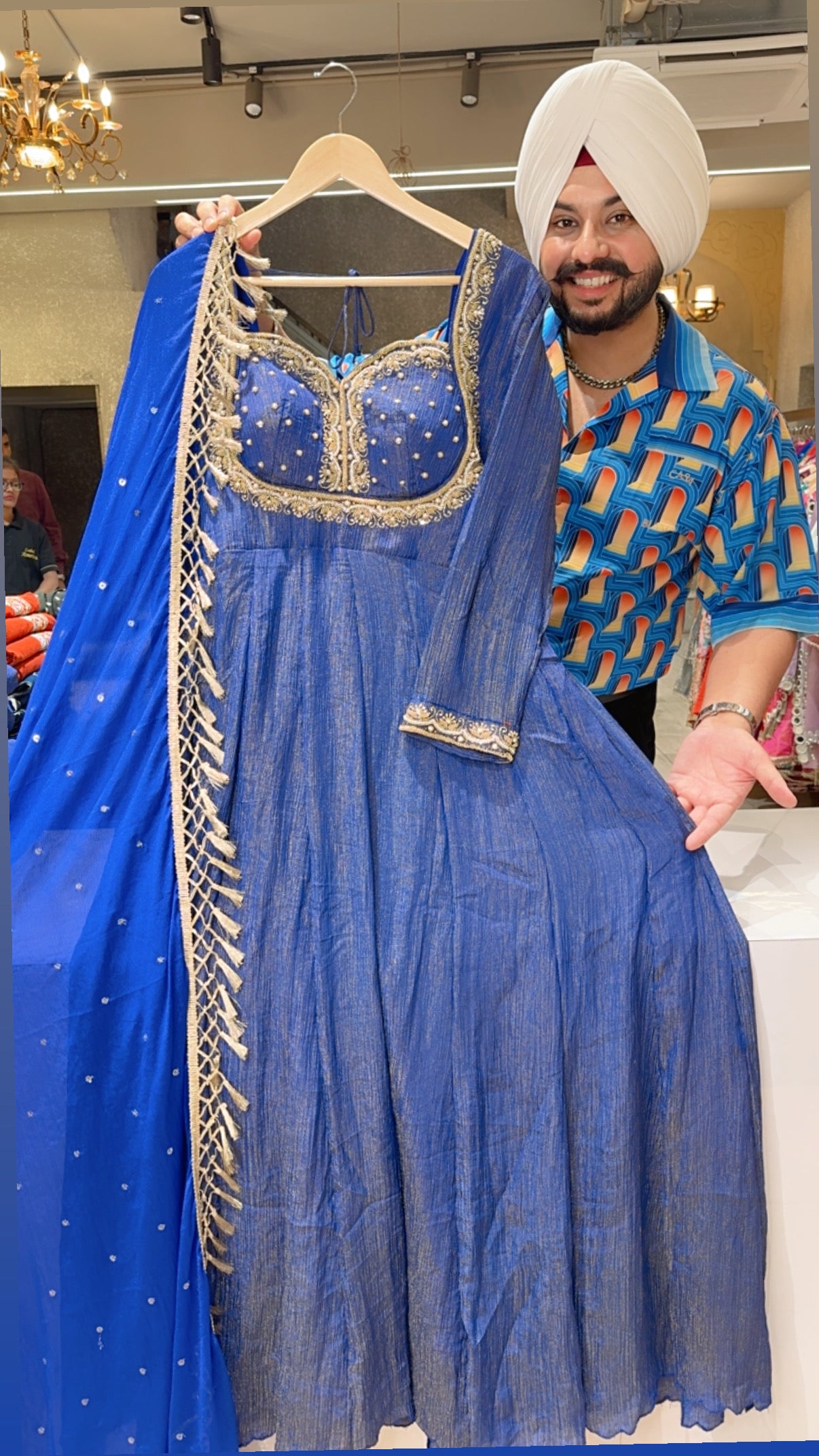 Ink Blue Crush Shimmer Tissue Hand Embroidered Padded Semi Backless Anarkali Gown With Royal Blue Designer Lace Chinon Duappta