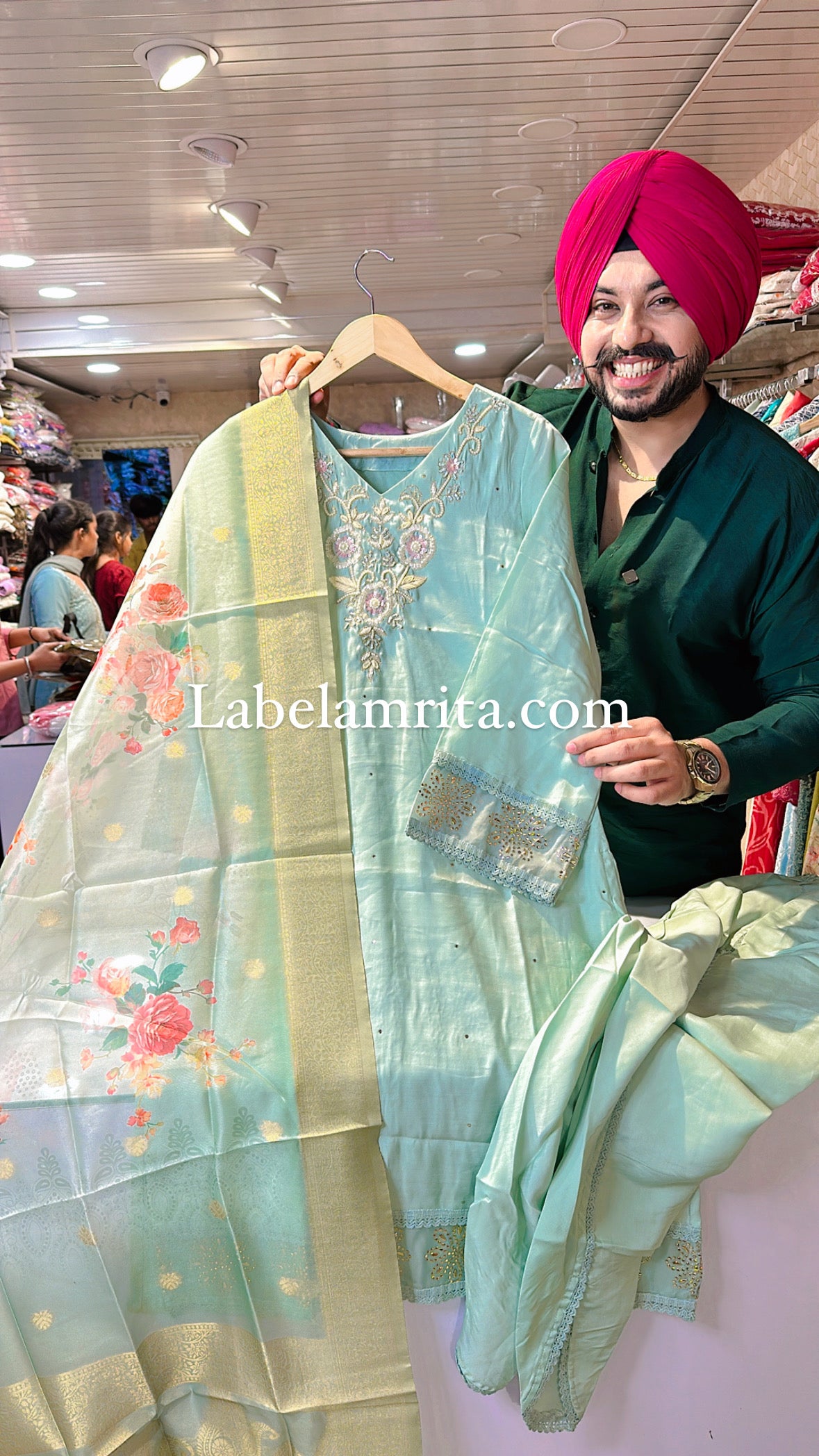 Light Sea Green Roman Silk Handwork Suits with Stylish Tulip Pants & beautiful Duppata