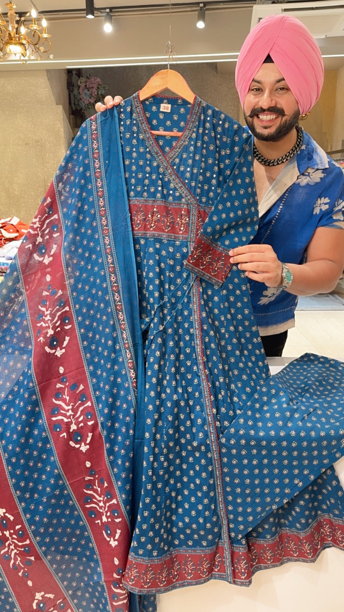 Dark Blue Pure Cotton Angrakha Office Wear Anarkali Suit with Sleek Embroidery work on Neck