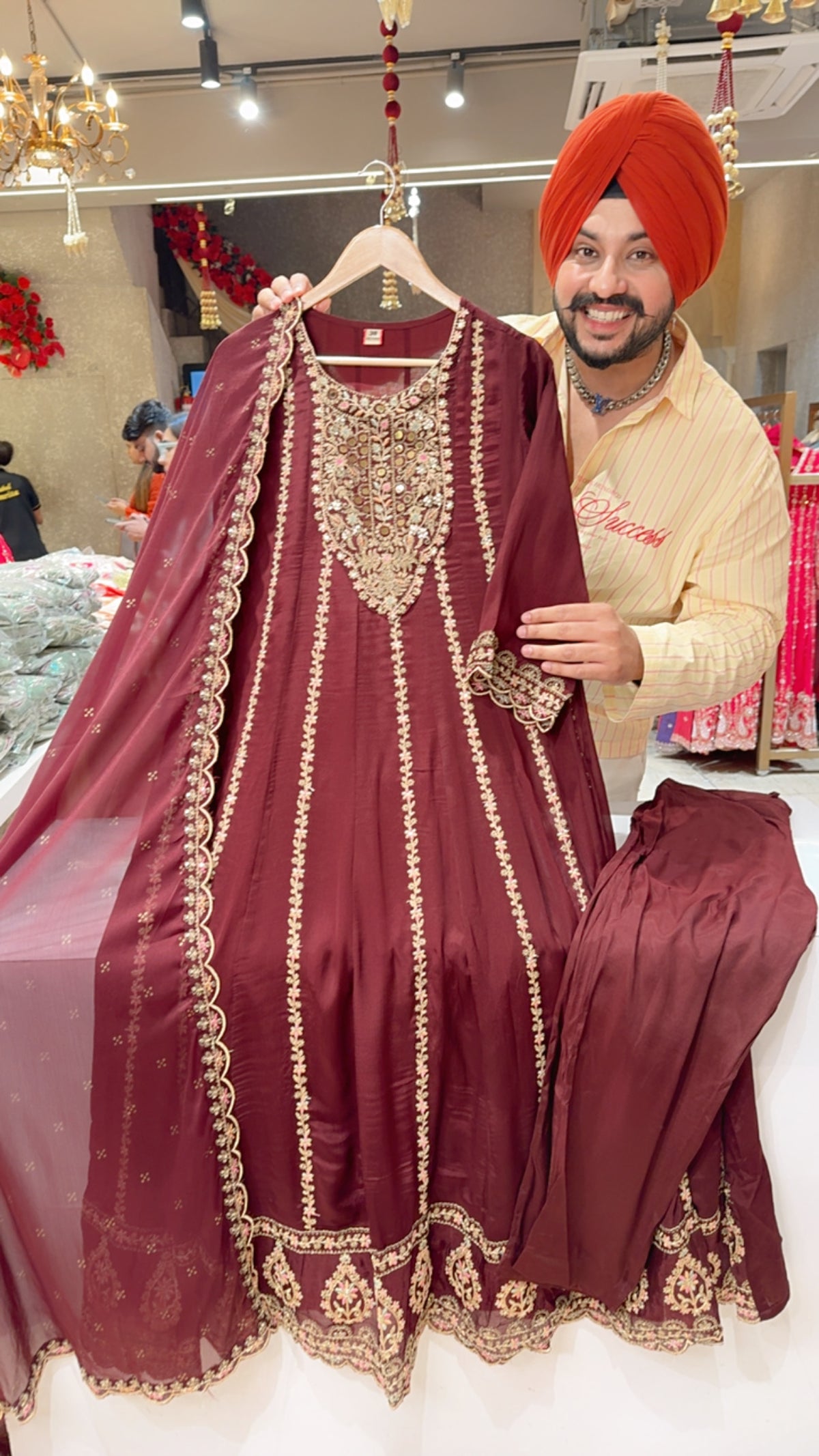 Dark Maroon Chinon Fully Embroidered Full Flair Anarkali Suit