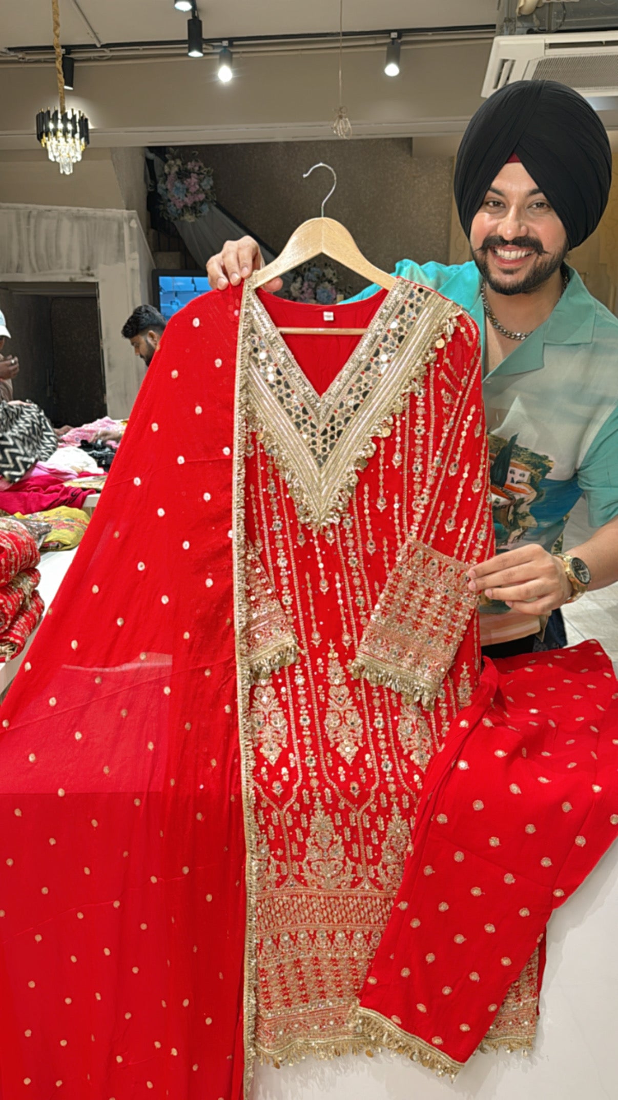 Red Georgette Heavy Embroidered Straight Suit with Mirror work on neck ,embroidered Pants & Beautiful Duppata