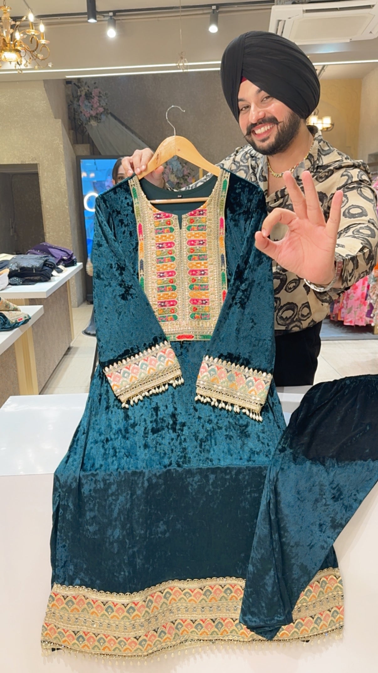 Peacock Heavy Stretchable Velvet Heavy Embroidered Kashmiri Long Length Party Wear Coord set