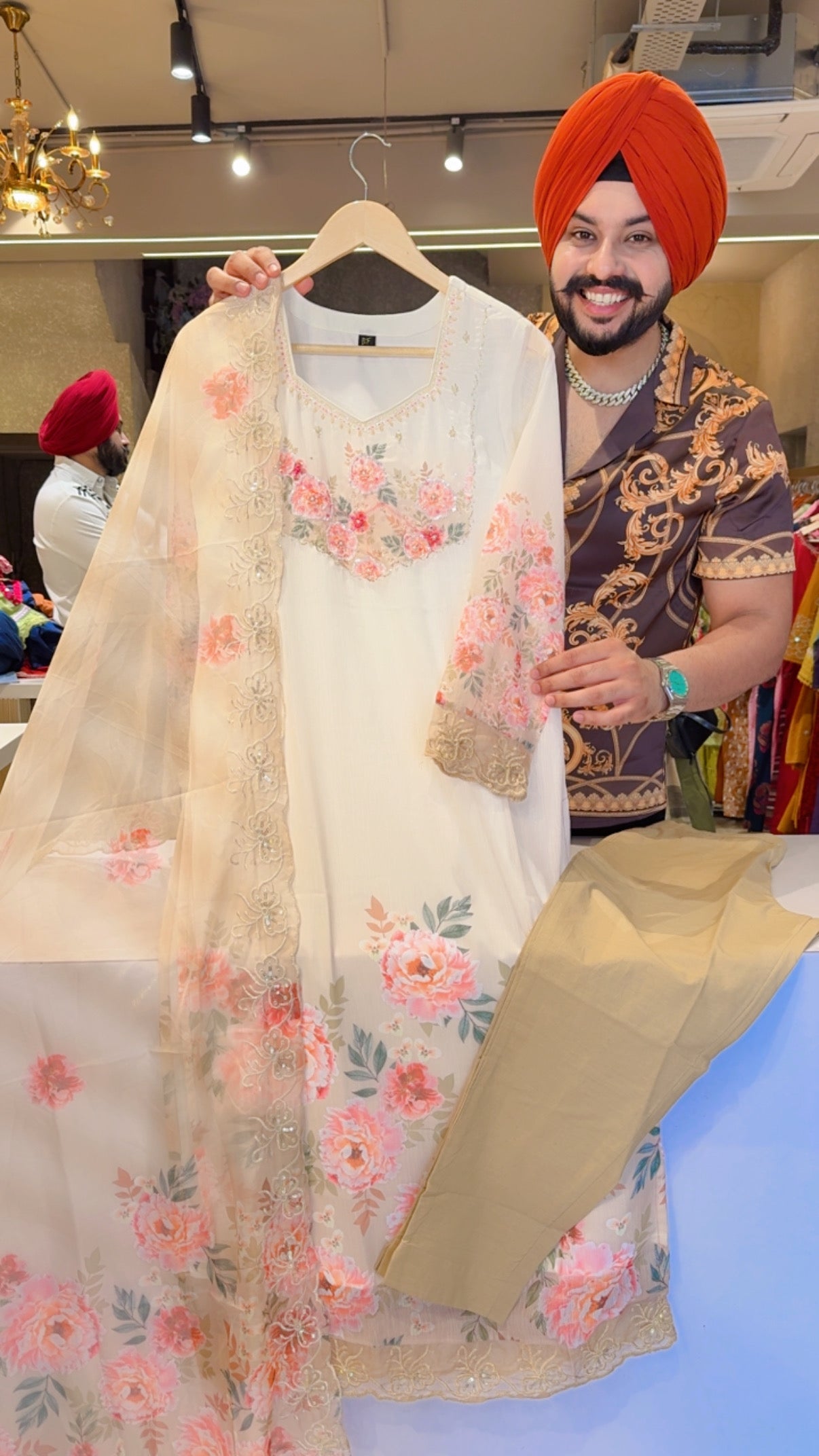 Cream & Multicolored Chiffon Hand Embroidered Long Lenhth Straight Suit with Beautiful Sequins work Organza Duppata