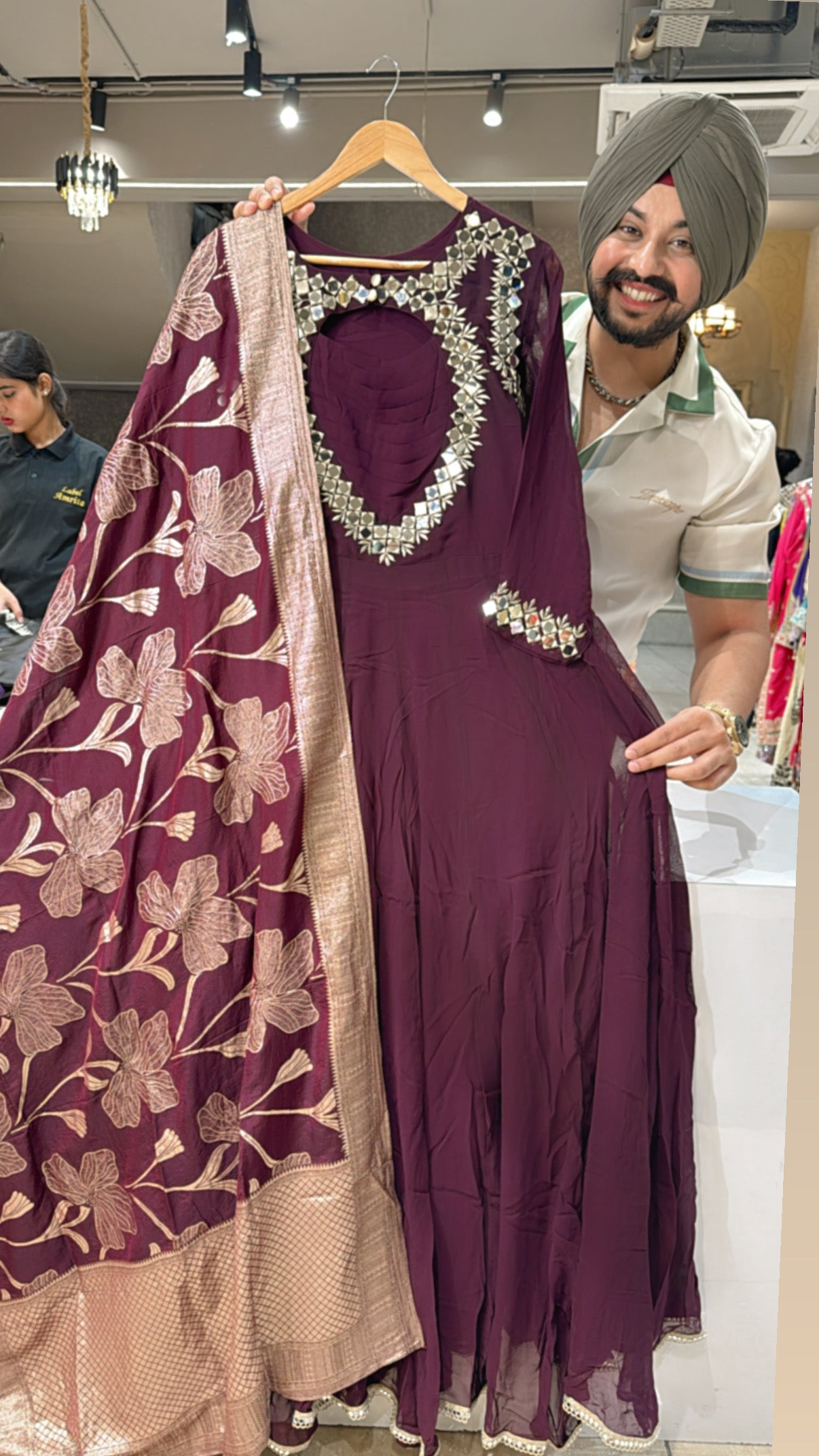 Deep wine Georgette Full Flair Anarkali Gown With Mirror Work on Designer Neck & Beautiful Banarasi Look Duppata