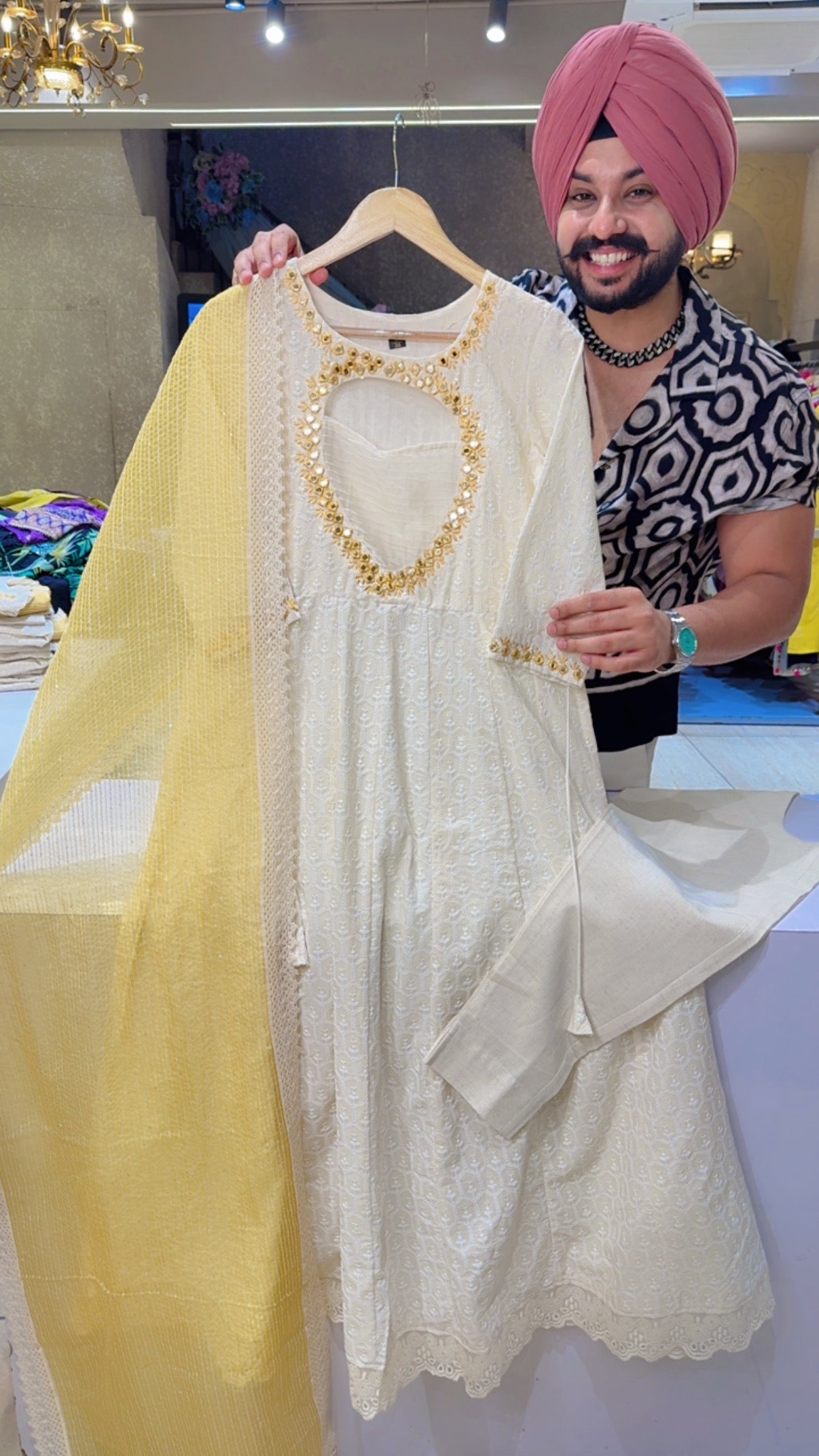 Off White & yellow Cotton Fully embroidered & Self Sequins Partywear Summerish Anarkali with Mirror work on Designer Neck