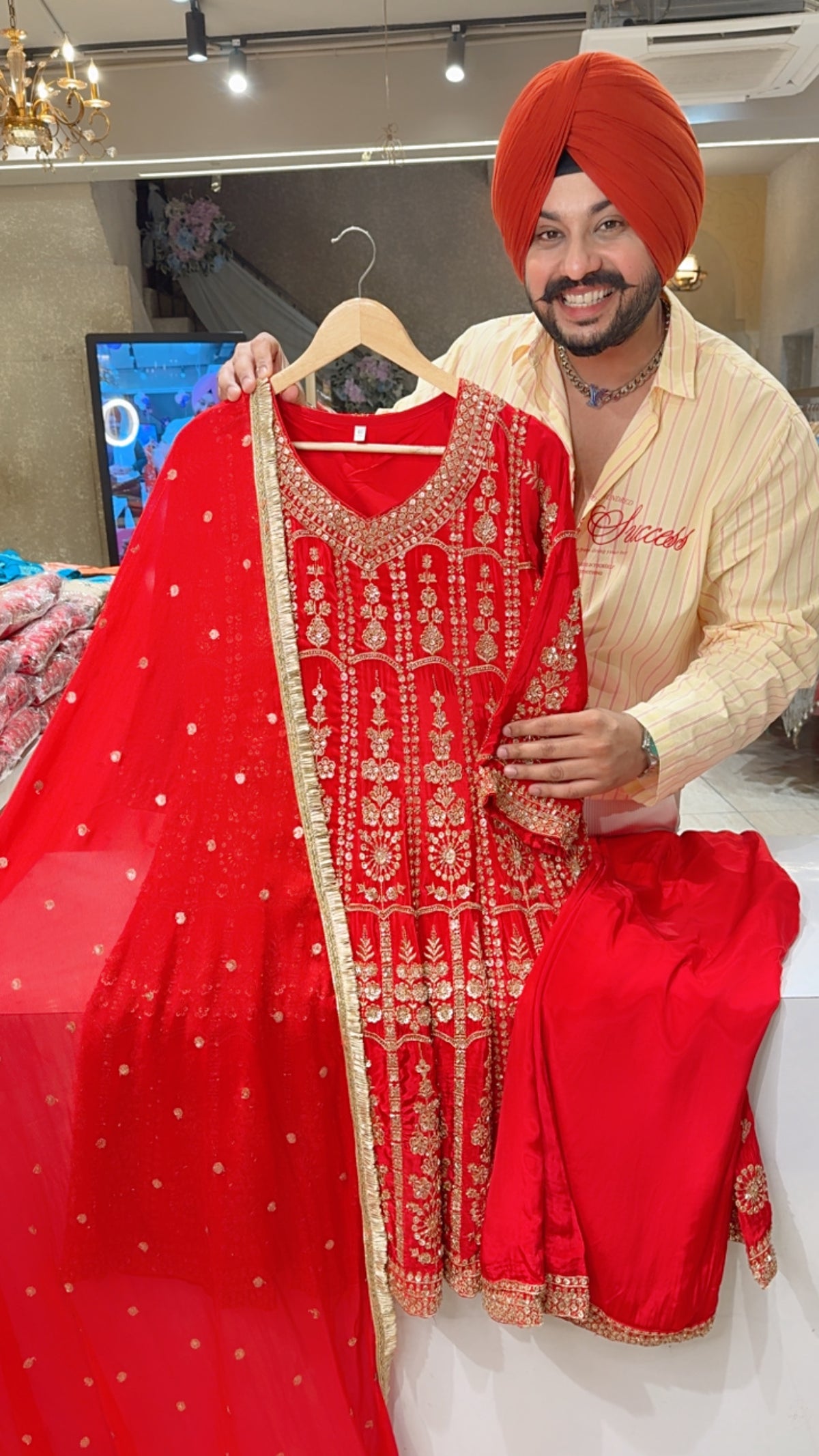 Red Crepe Heavy Front & Back Hand Embroidered Paplum Bell Bottom Anarkali suit