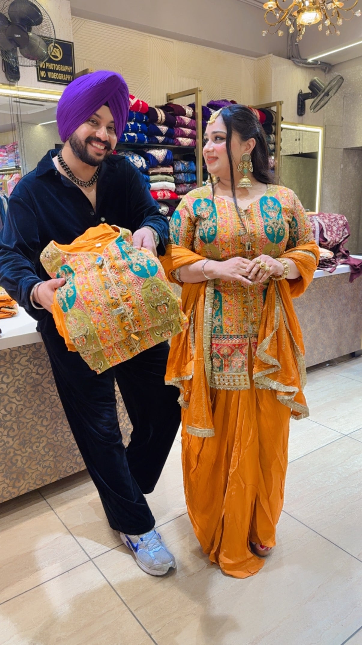 Mustard Crepe Heavy Embroidered Half sleeves Drape set with Beautiful Duppata