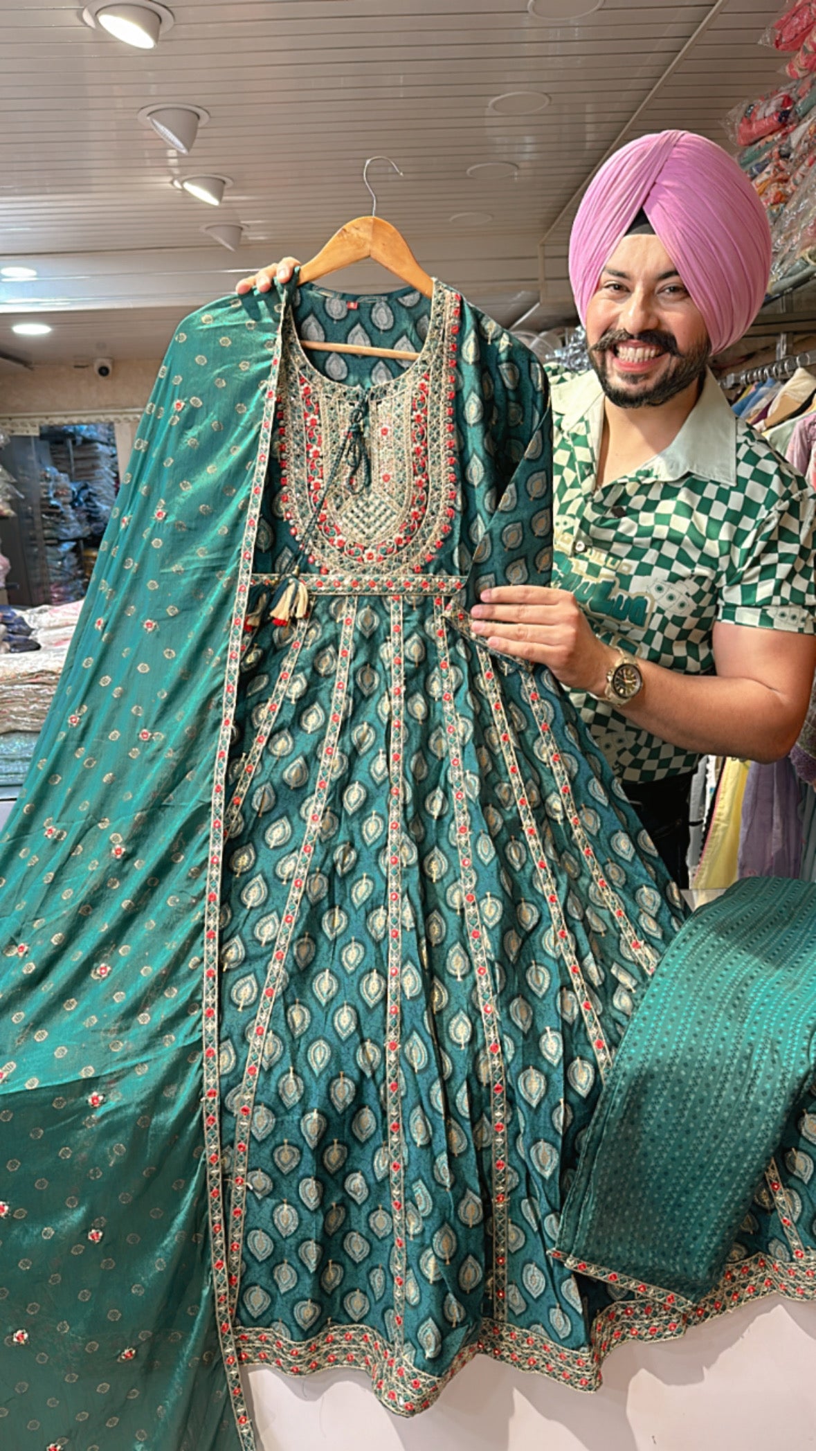 Rama Green muslin Silk Anarkali with Embroidery work on neck
