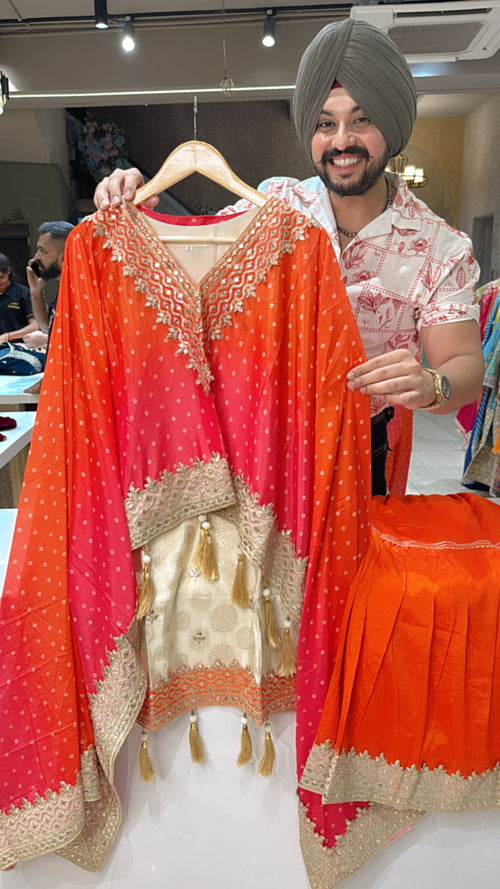 Purple Crepe Heavy Hand embroidered Full Flair Cut Sleeves Sharara Set with Sequins Work Chinon Duppata