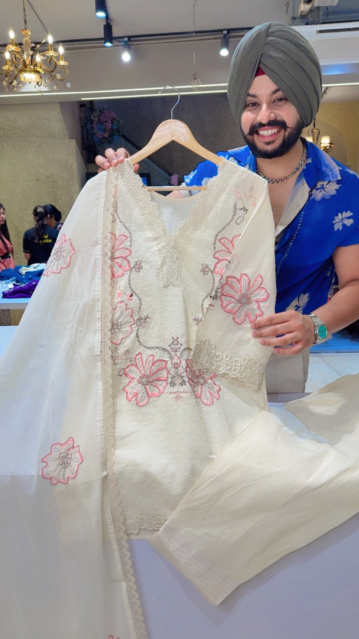 Off white & Pink Kora Cotton Embroidered Kashmiri Salwar Suit