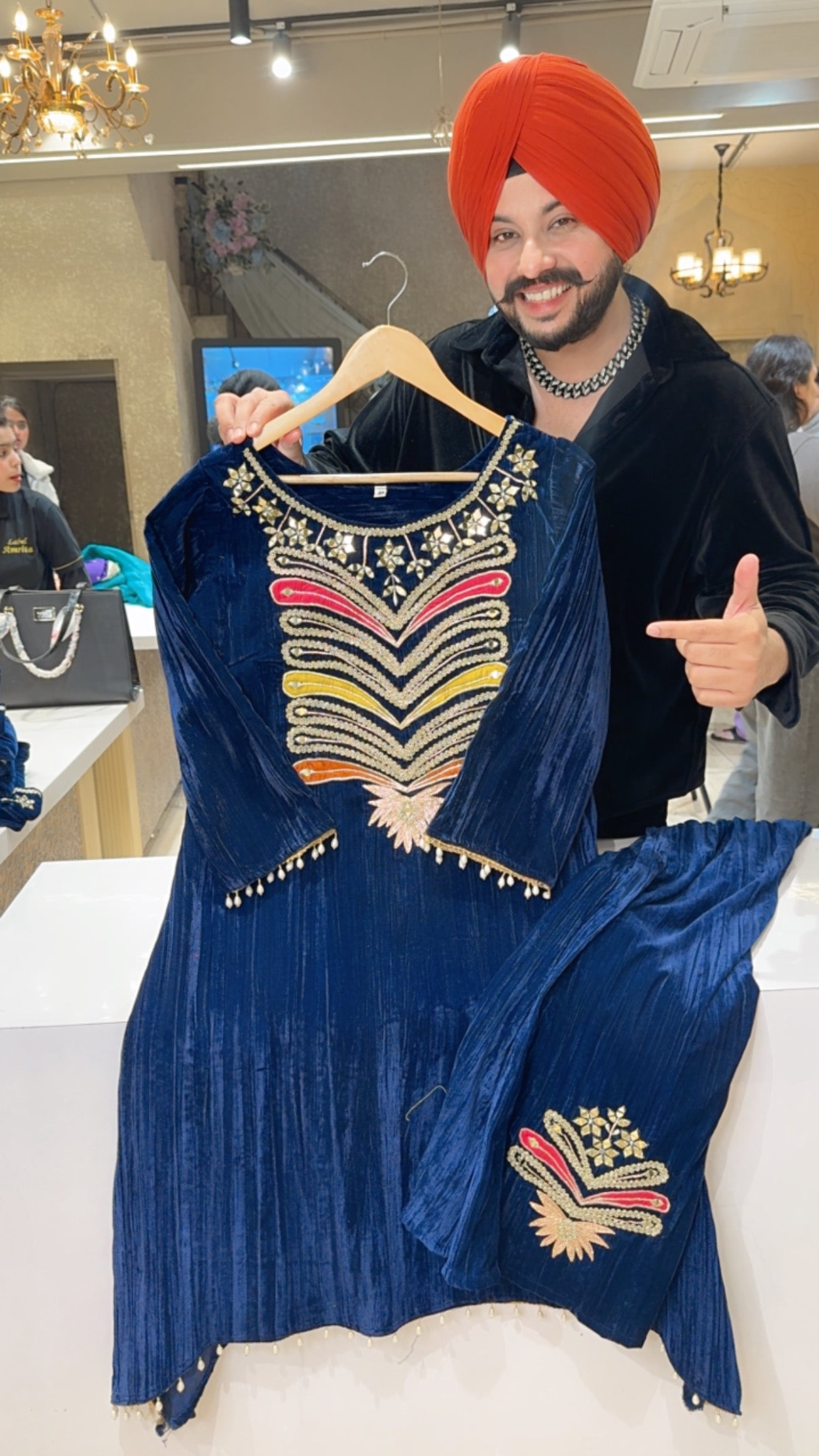 Navy Blue Crush Velvet Heavy embroidered C-cut Coord set