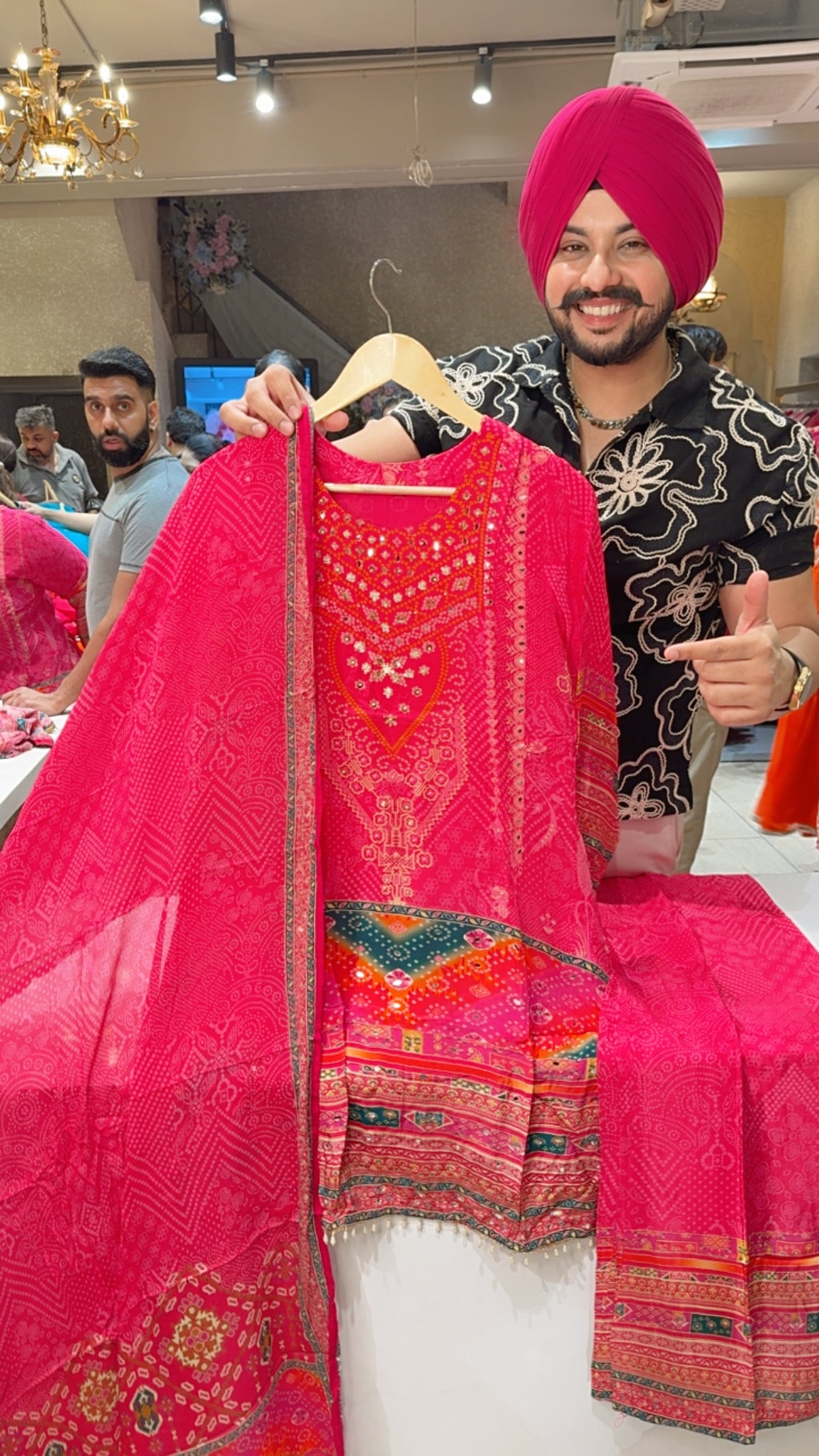 Hot pink Viscose Crepe Hand embroidered Bandhej print C-cut Ondowestern Suit