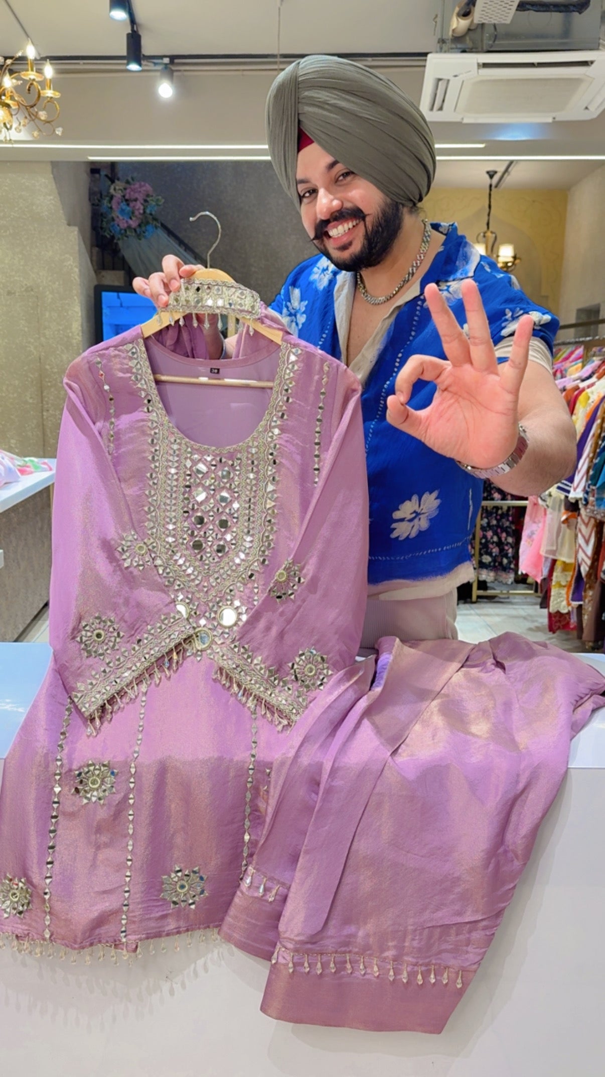 Lavender Shimmer Silk Heavy Embroidered & Mirror work Designer Farshi Salwar Set with Beautiful Sleek Neclace Duppata