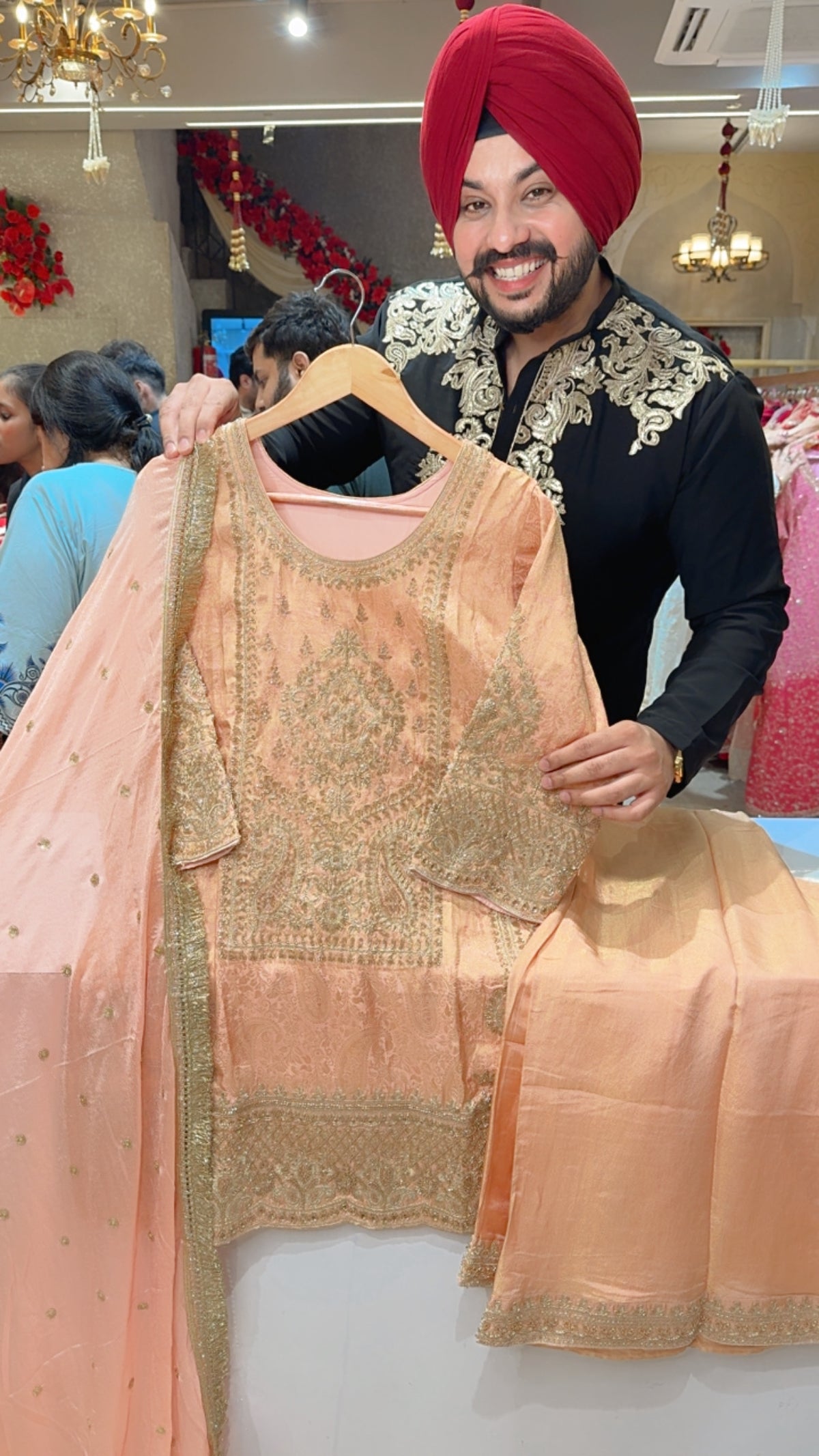 Peach Brocade Silk Heavy Handwork IndoWestern Plazo Suit