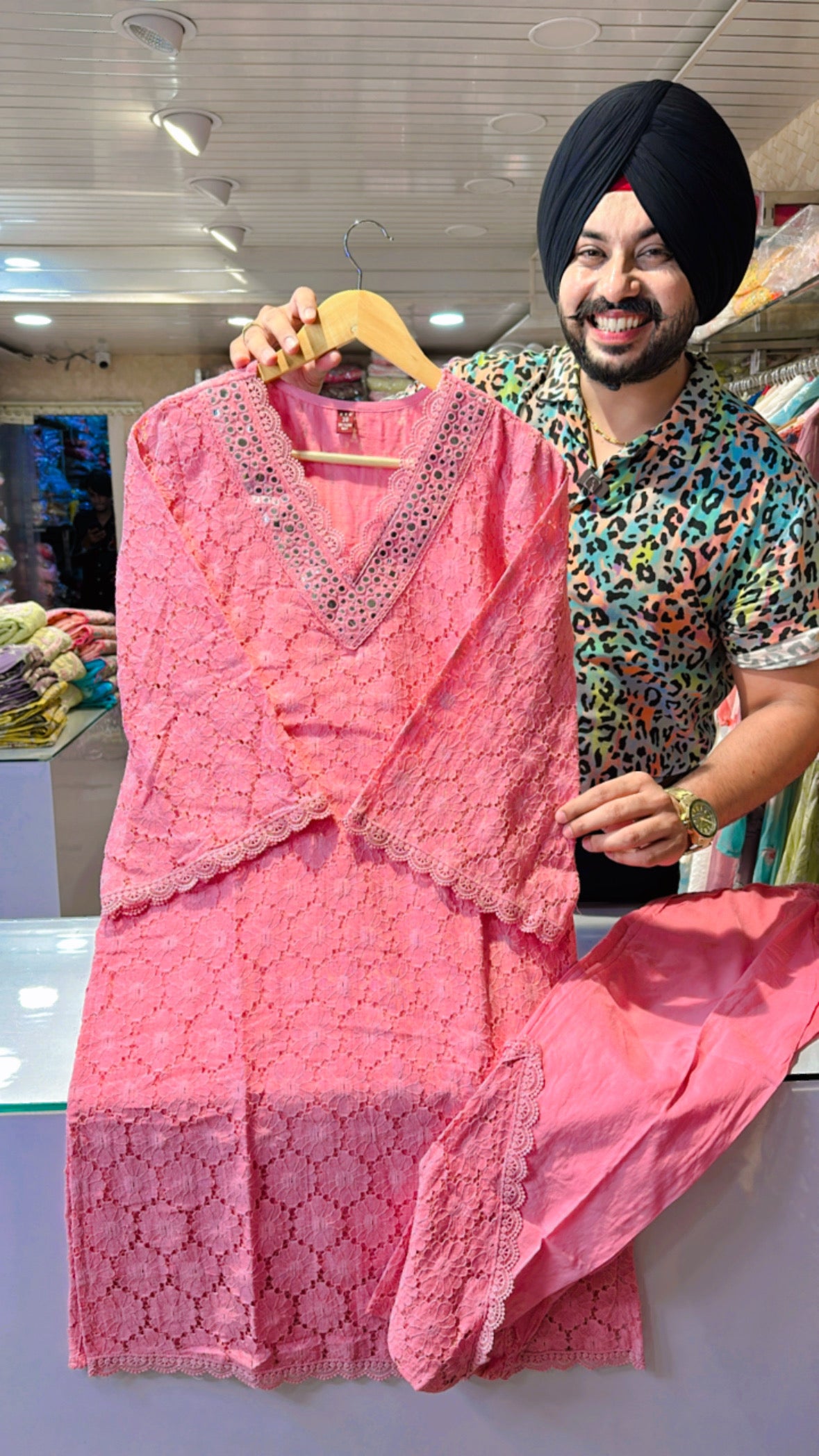 Pink Crochet Pakistani Coord set with beautiful Work on neck