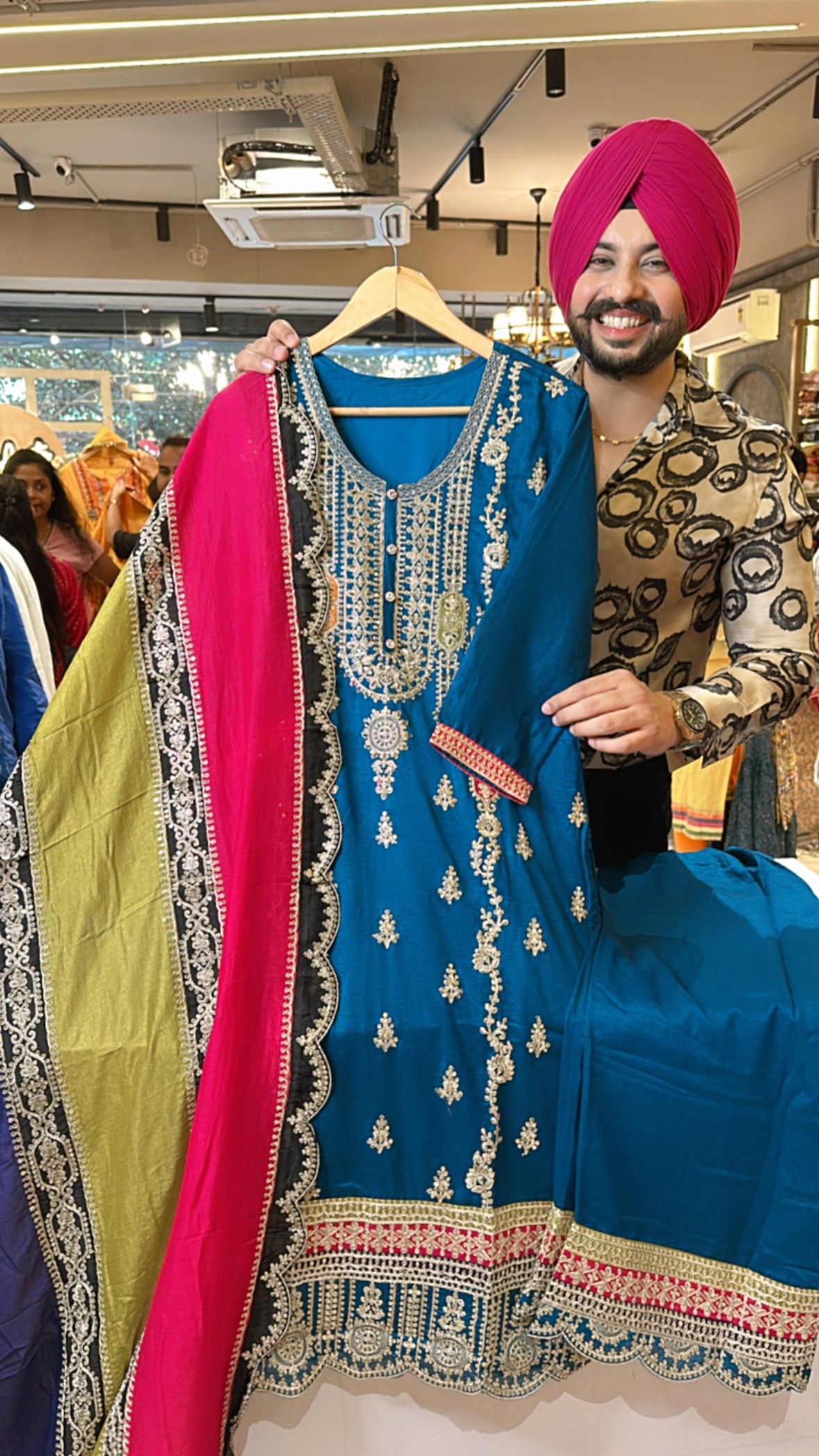 Peacock blue Chinon heavy embroidered Straight Plazo Suit with beautiful Duppata