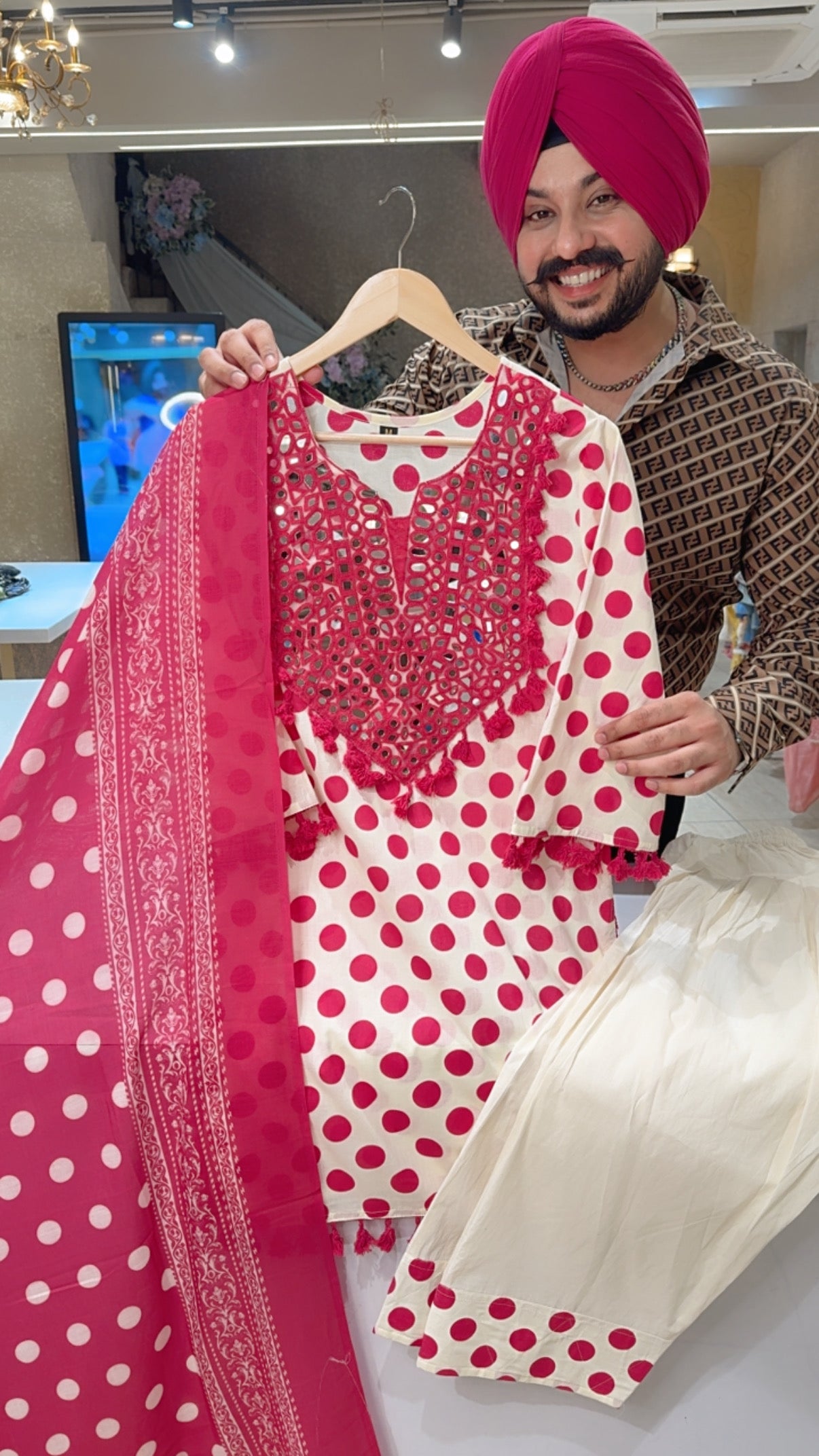 Moon White & Rani Polka Dots Heavy Mirror Pasting Pom Pom Farsgi Salwar Indo Western suit
