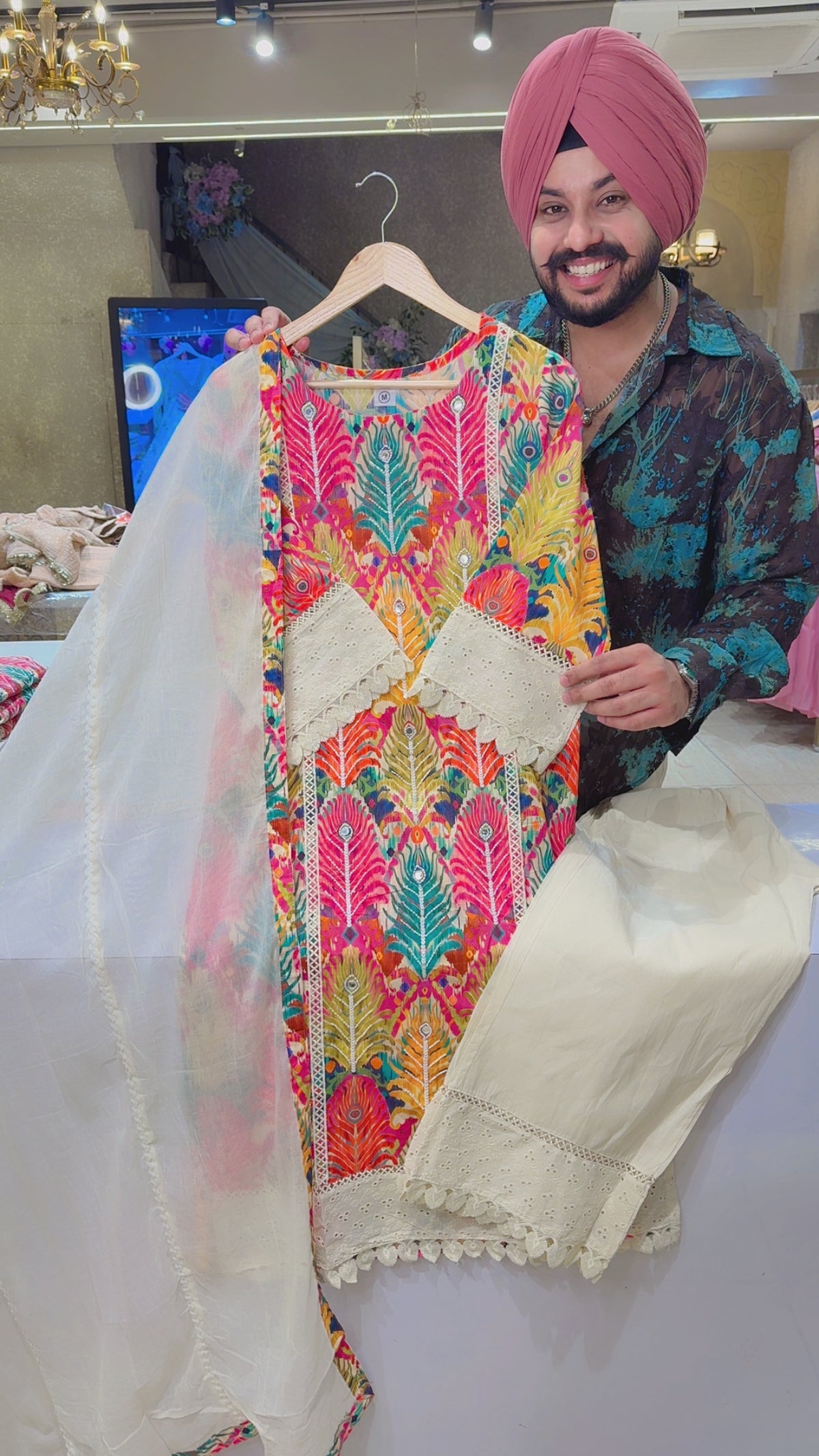 Off white & Multicolored Digital print Hand Embroidered Semiformal suit